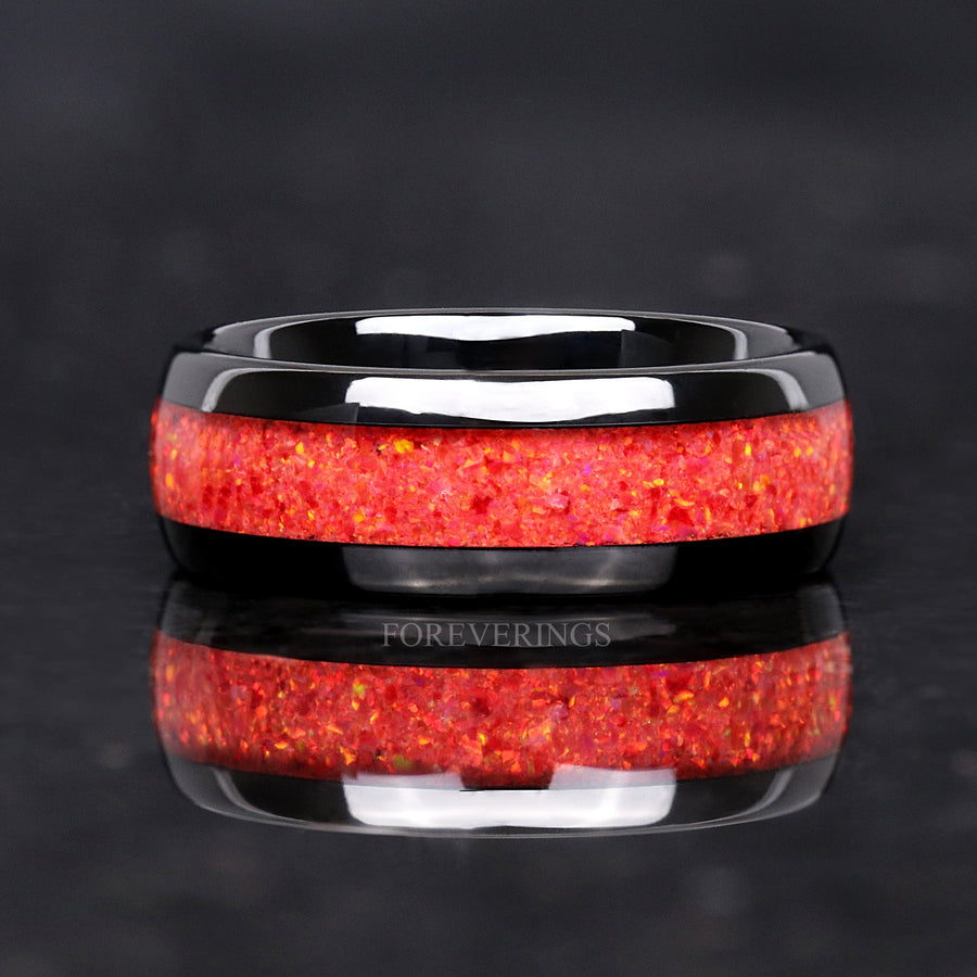 Red Fire Opal | Men's Black Tungsten Wedding Band | 8mm