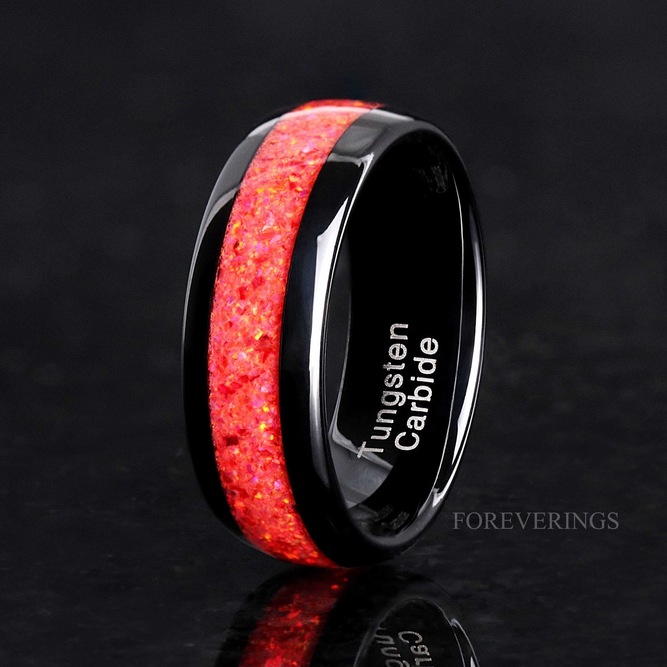 8mm Red Fire Opal Ring, Black Tungsten Ring, Men Wedding Band, Crushed Red Opal, Polished, Dome, Comfort Fit, Unique Ring