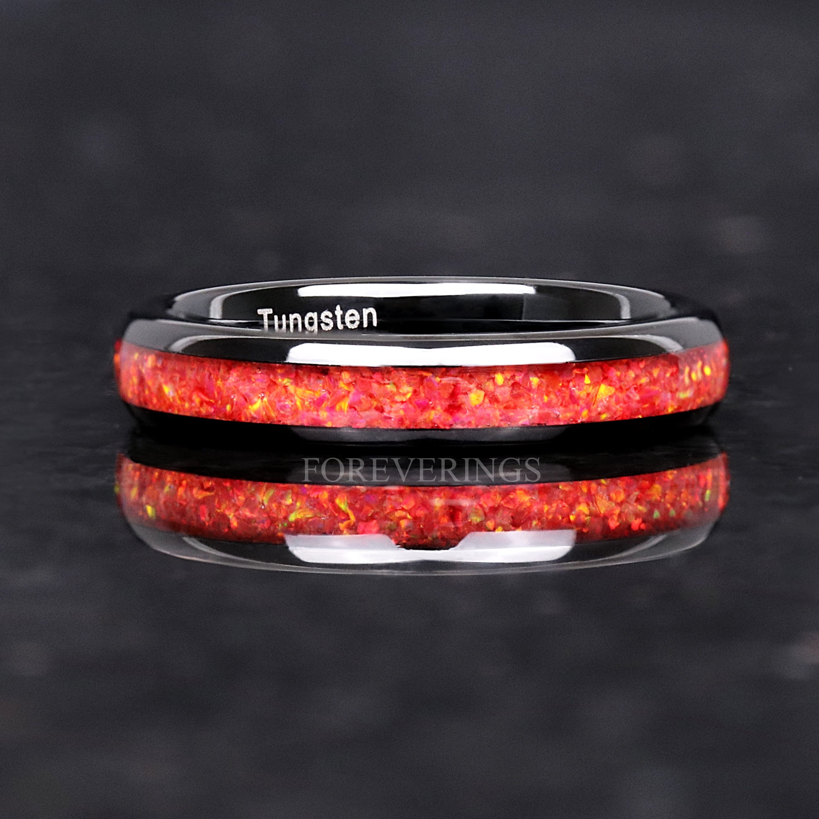 4mm Red Fire Opal, Tungsten Wedding Band, Women Men Ring, Black Ring, Red Opal Ring, Dome, Polish, Comfort Fit