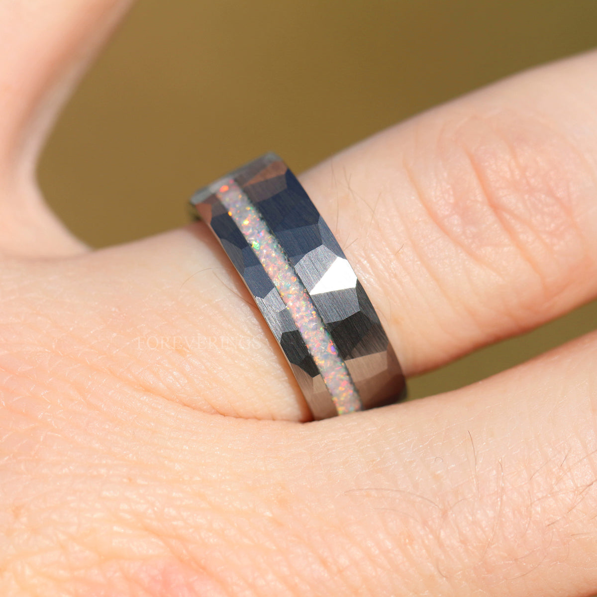 White Opal Ring | Hammered Brushed Tungsten Wedding Band