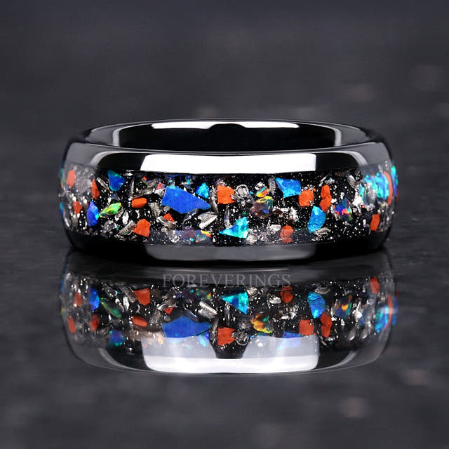Black tungsten dinosaur bone and meteorite band shown straight on with a reflection below