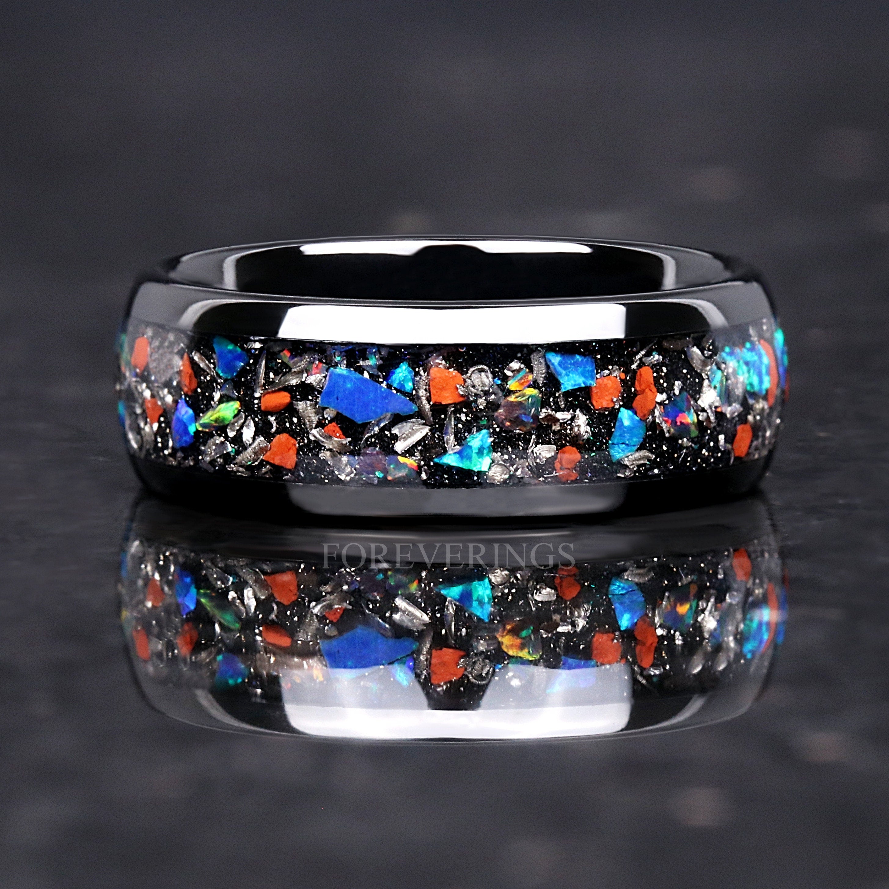 Mens Dinosaur Bone Meteorite Opal Ring, Black Polished Tungsten, 8mm Mens Wedding Band, Galaxy Opal, Unique Dinosaur Meteorite Ring for Him