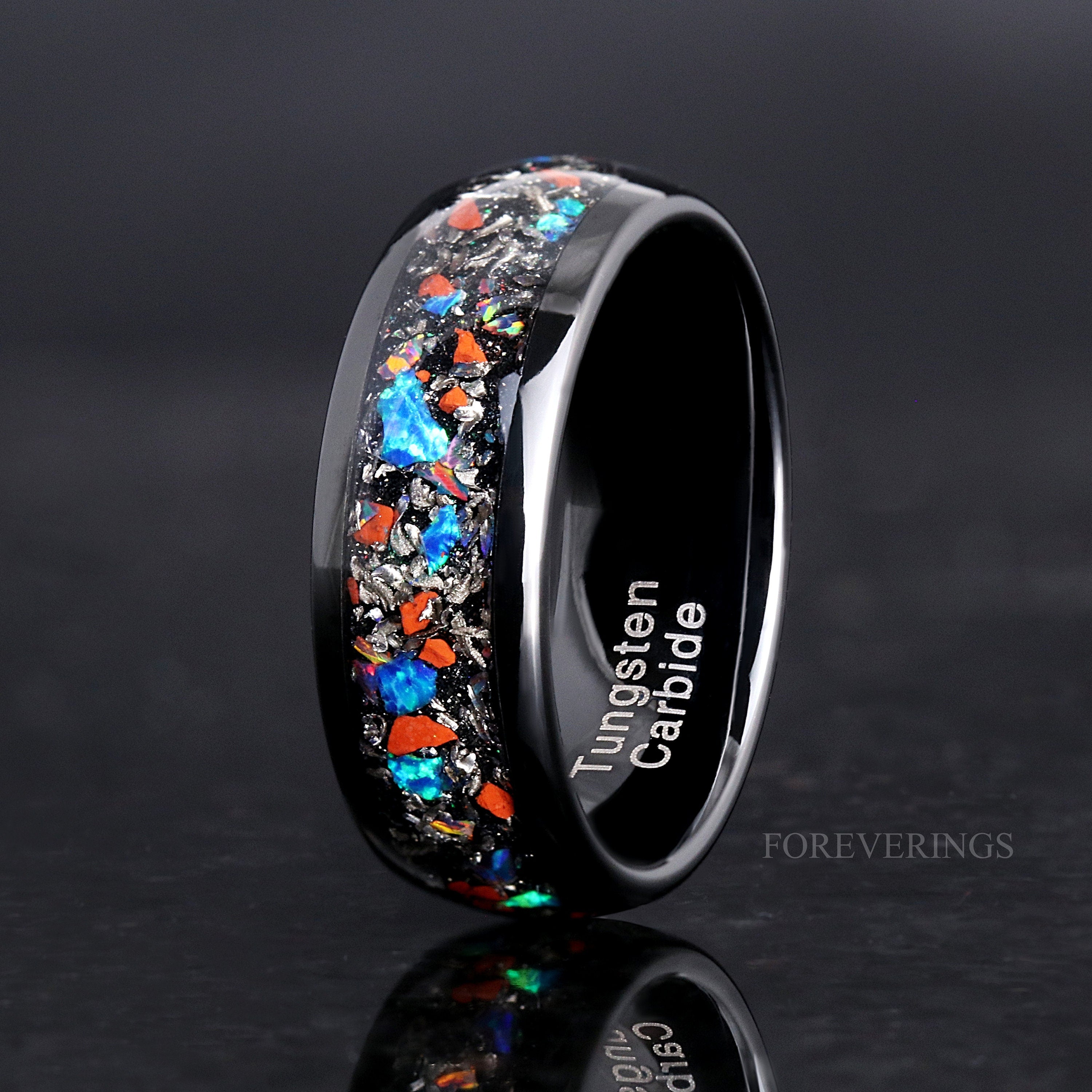 Mens Dinosaur Bone Meteorite Opal Ring, Black Polished Tungsten, 8mm Mens Wedding Band, Galaxy Opal, Unique Dinosaur Meteorite Ring for Him