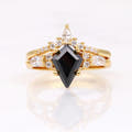 Women's gold sterling silver kite black onyx engagement ring set, shown straight on