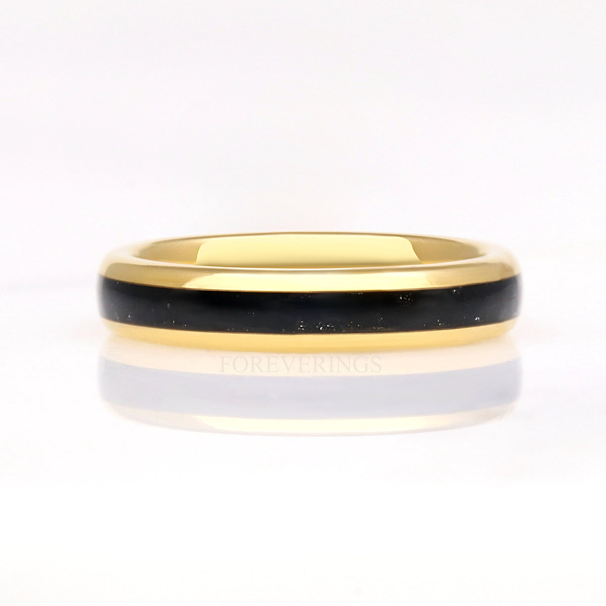 Black Onyx Gold Tungsten Ring, 4mm Mens Womens Wedding Band, Crushed Black Onyx Ring, Dome, Polish, Unique Gold Band, Ring Engraving