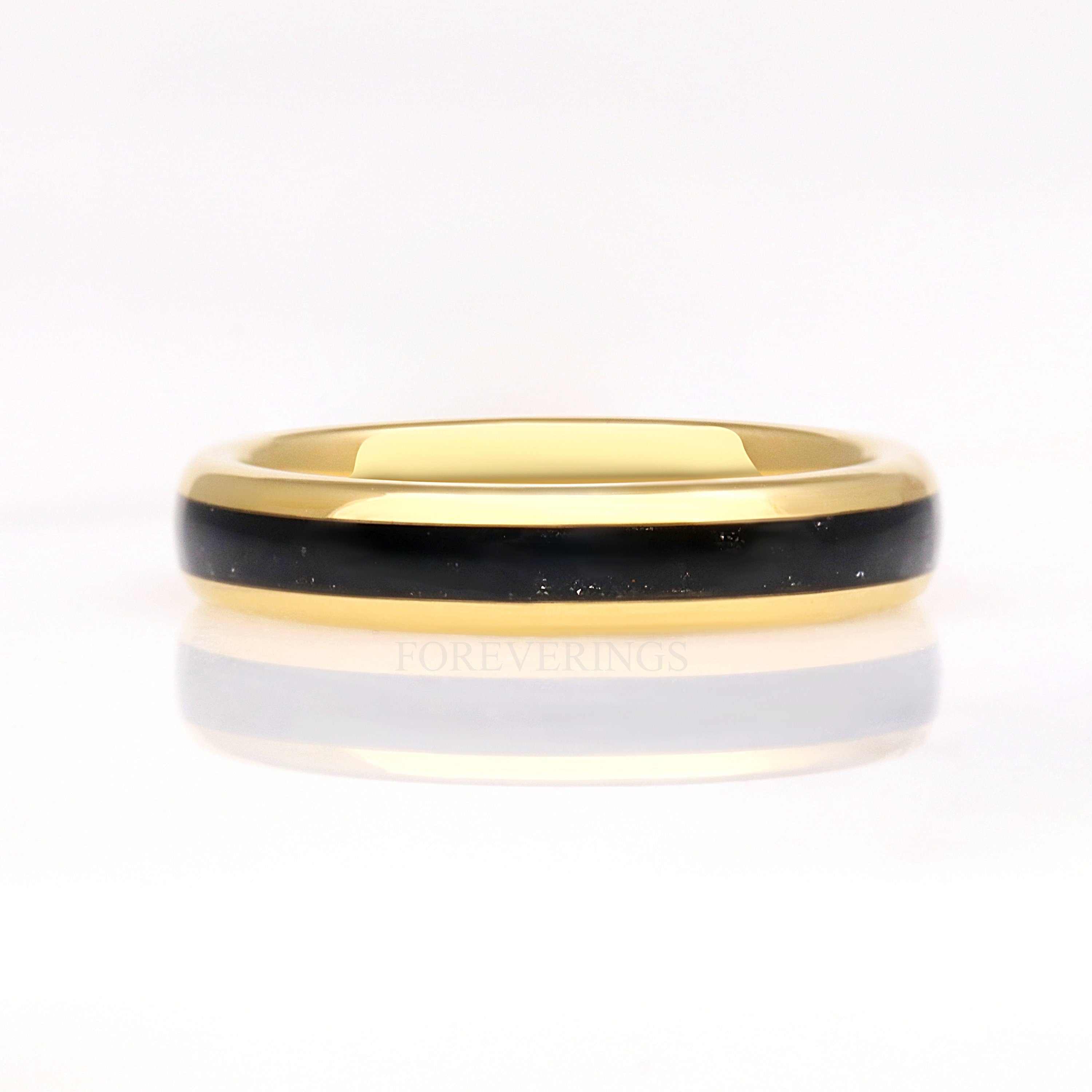 Black Onyx Gold Tungsten Ring, 4mm Mens Womens Wedding Band, Crushed Black Onyx Ring, Dome, Polish, Unique Gold Band, Ring Engraving