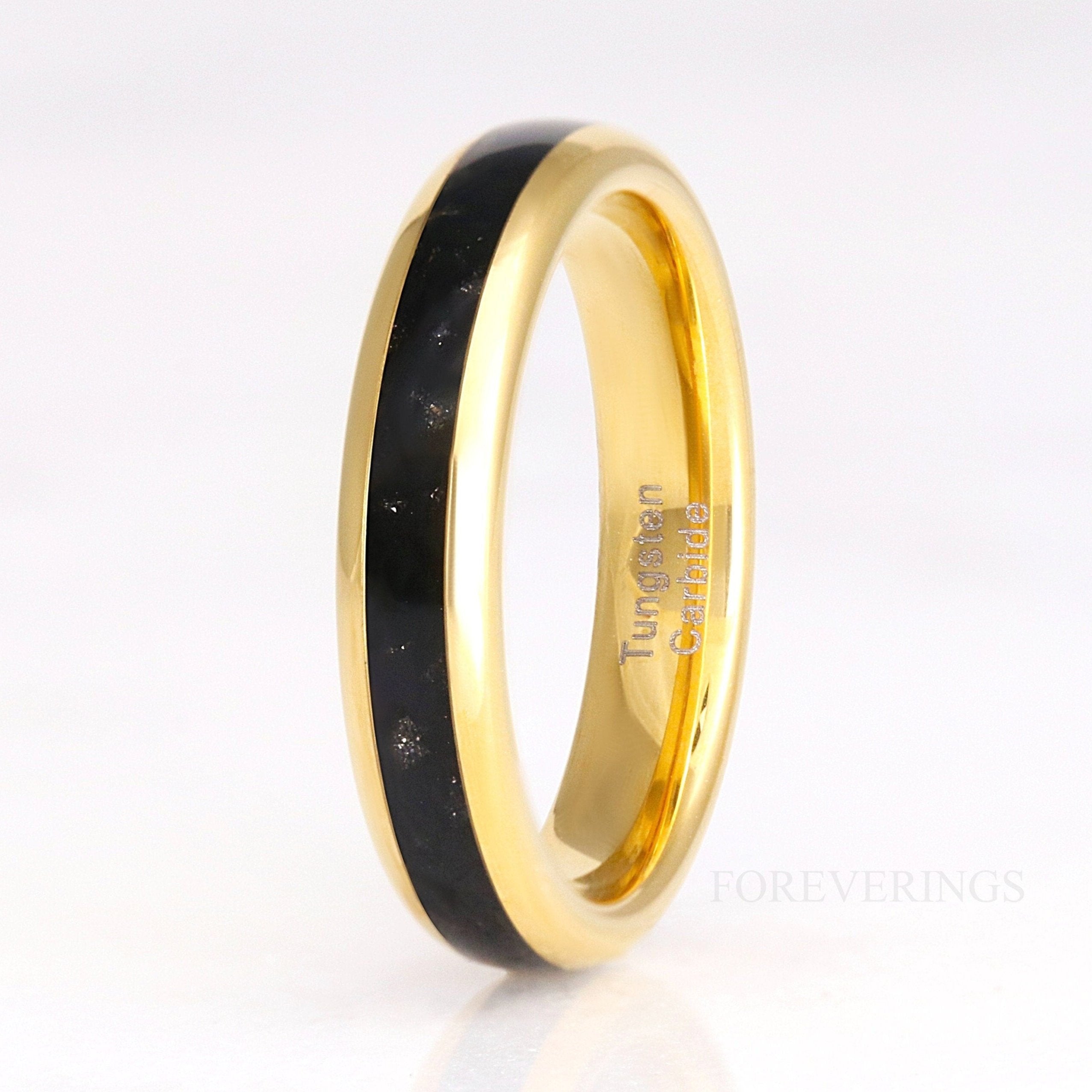 Black Onyx Gold Tungsten Ring, 4mm Mens Womens Wedding Band, Crushed Black Onyx Ring, Dome, Polish, Unique Gold Band, Ring Engraving