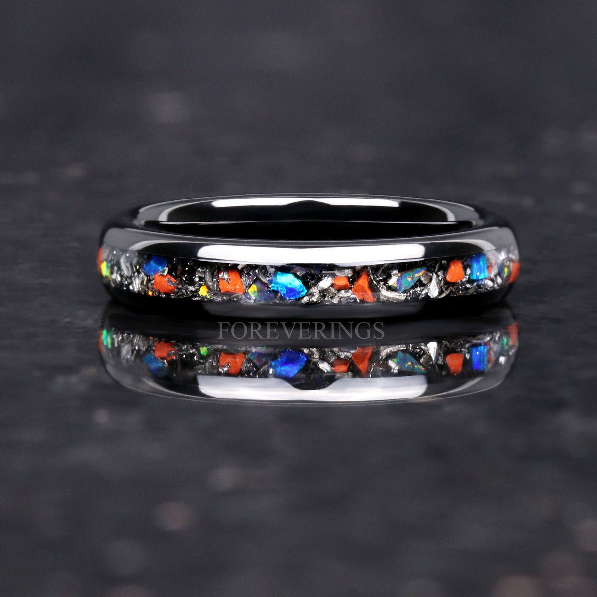 Dinosaur Bone & Meteorite Opal Inlay Ring | 4mm Black Tungsten Wedding Band