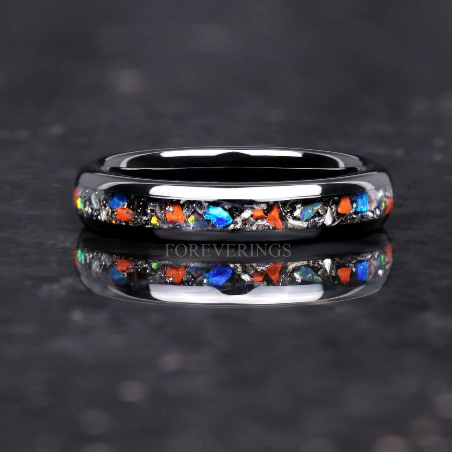 Dinosaur Bone & Meteorite Opal Inlay Ring | 4mm Black Tungsten Wedding Band