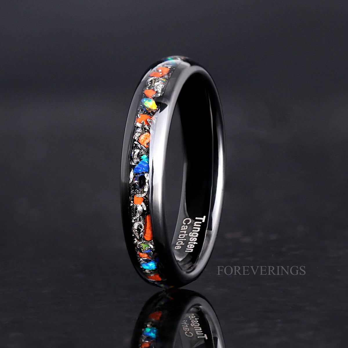 Dinosaur Bone & Meteorite Opal Inlay Ring | 4mm Black Tungsten Wedding Band