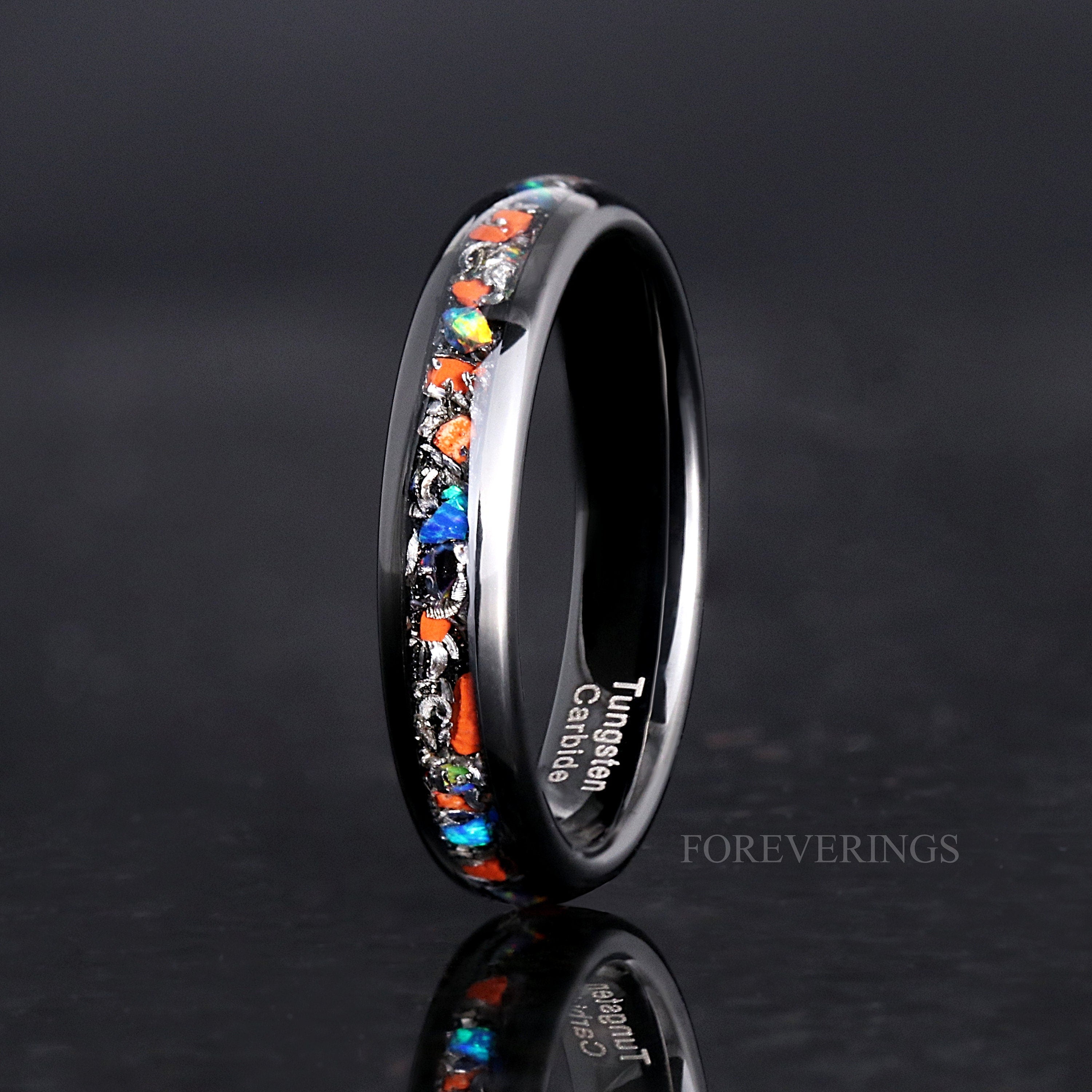 Dinosaur Bone Meteorite Opal Ring, Black Tungsten Ring, 4mm Mens Womens Wedding Band, Galaxy Opal, Unique Dinosaur Bone and Meteorite Ring