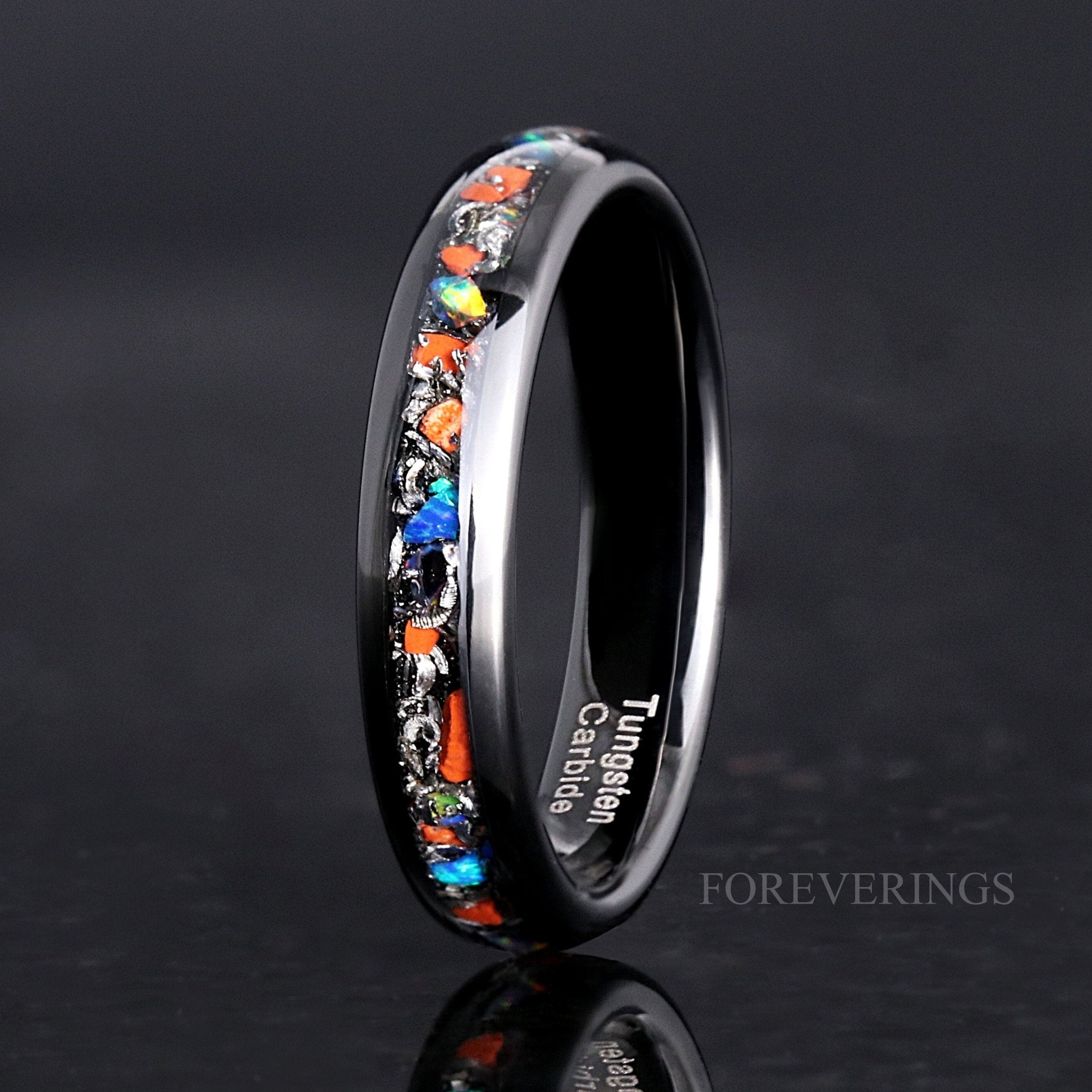 Dinosaur Bone Meteorite Opal Ring, Black Tungsten Ring, 4mm Mens Womens Wedding Band, Galaxy Opal, Unique Dinosaur Bone and Meteorite Ring