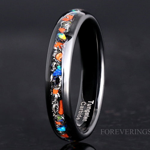 Dinosaur Bone & Meteorite Opal Inlay Ring | 4mm Black Tungsten Wedding Band