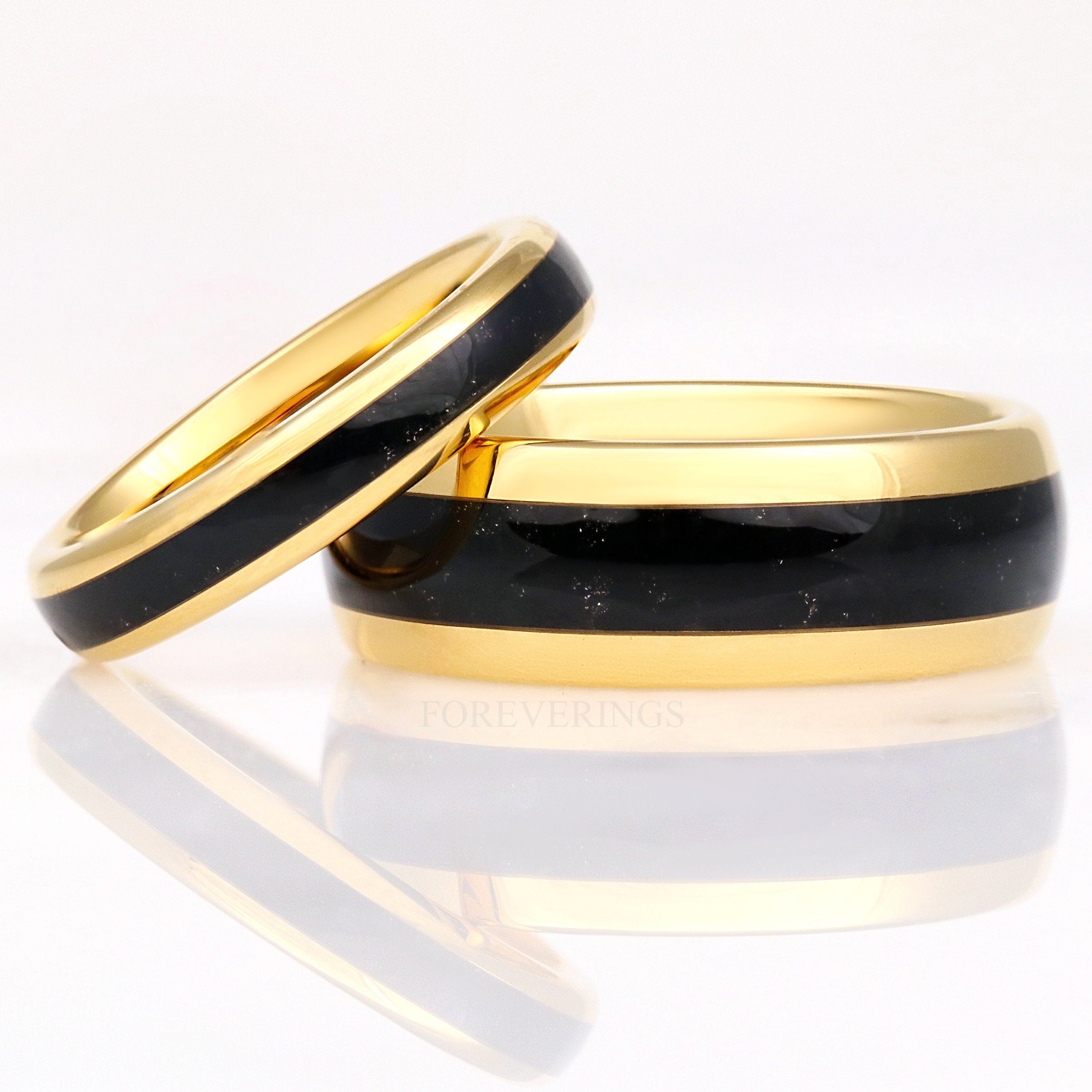 Black Onyx Gold Tungsten Ring, 4mm Mens Womens Wedding Band, Crushed Black Onyx Ring, Dome, Polish, Unique Gold Band, Ring Engraving