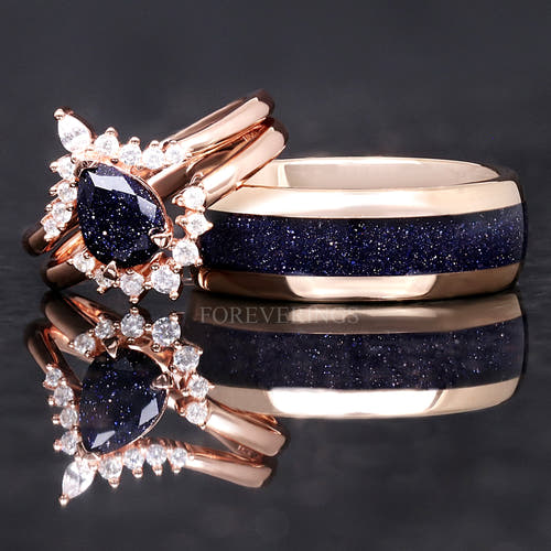 Matching rose gold couples ring set with pear blue sandstone engagement ring and 8mm tungsten band