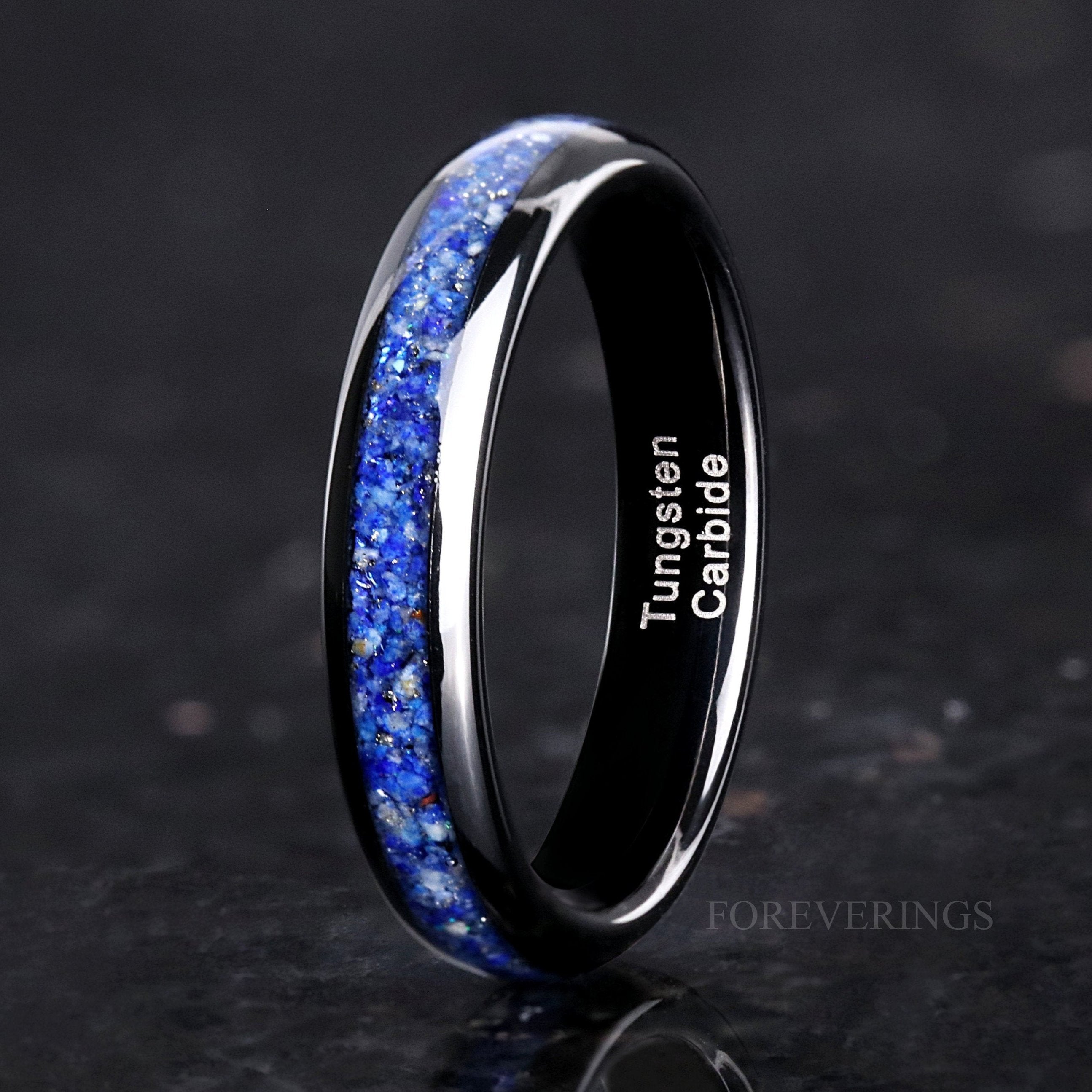 Celestial Blue Lapis Lazuli Ring, 4mm Black Tungsten Ring, Men Women Wedding Band, Polished, Dome, Comfort Fit, Unique Ring