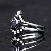 Great Rift Nebula Ring Set, His and Her Wedding Band, Black Ring, Space Couple Ring, Black Tungsten and 925 Sterling Silver, Black Sandstone