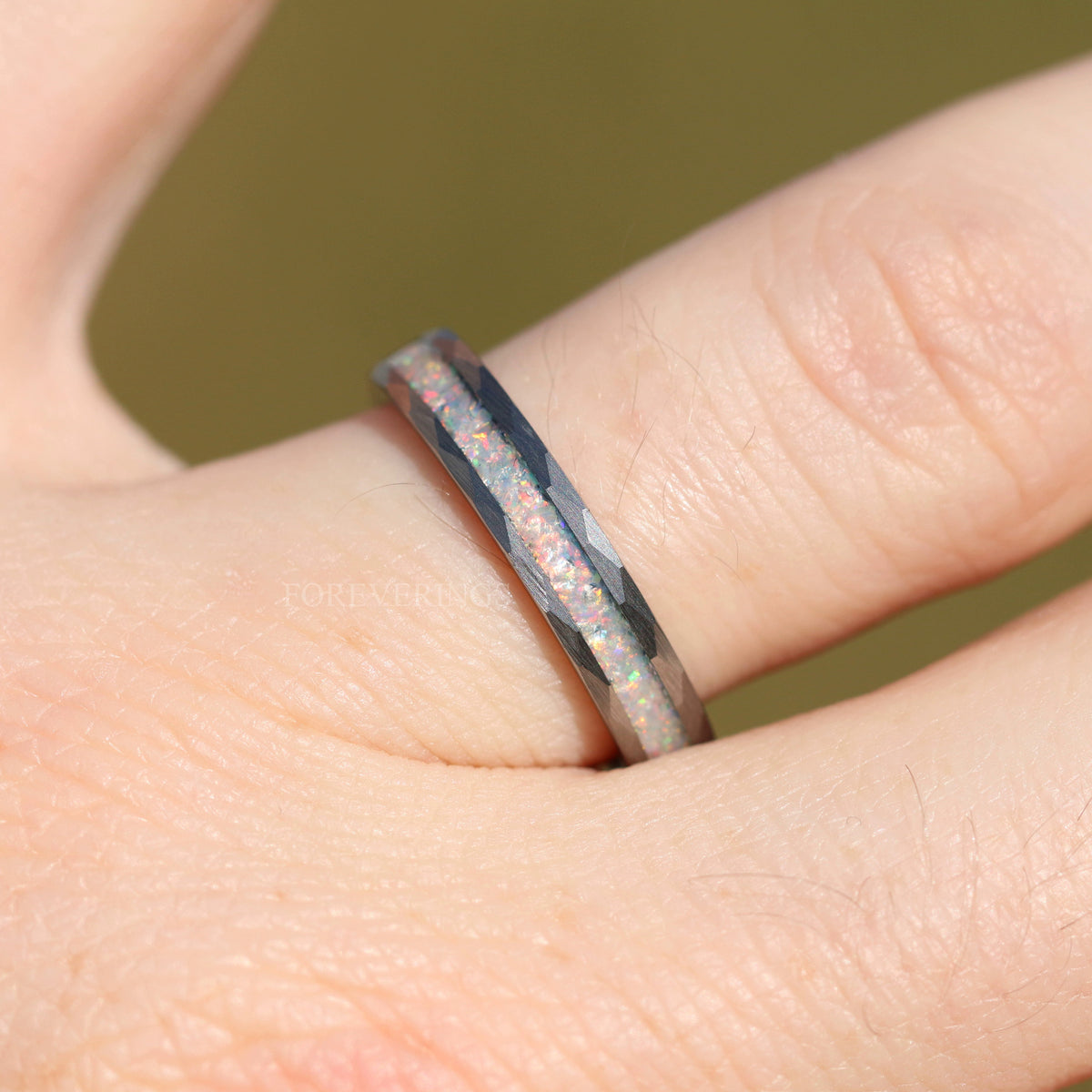 White Fire Opal | Hammered Tungsten Wedding Band | 4mm