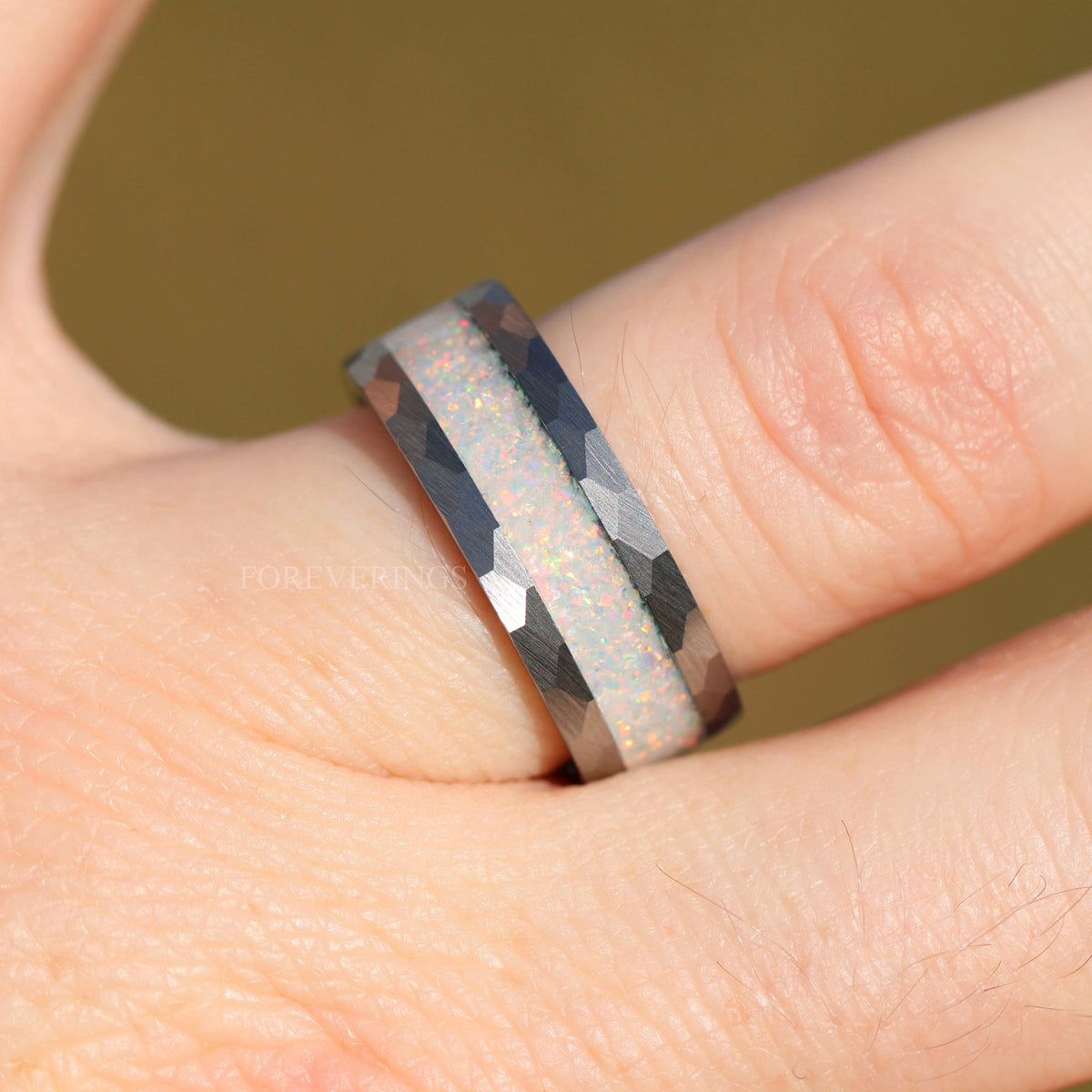 White Opal Ring | Hammered Brushed Silver Tungsten Band