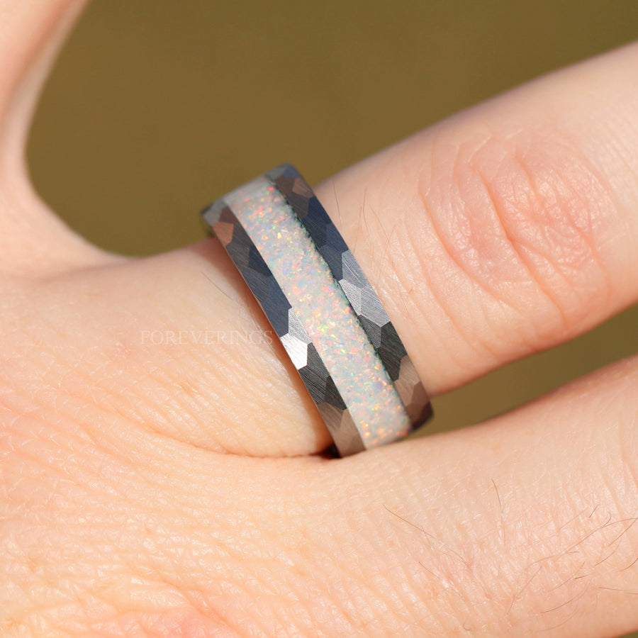 White Opal Ring | Hammered Brushed Silver Tungsten Band