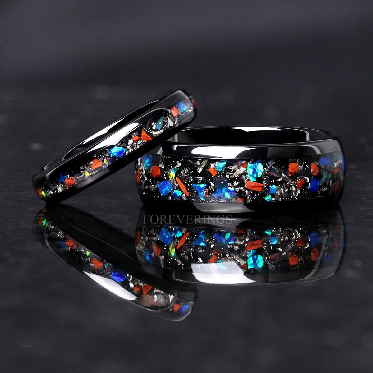8mm dinosaur bone and meteorite band with a thinner band of the same inlay leaning on it