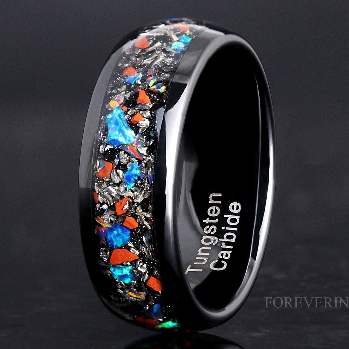 Men's 8mm black tungsten band with dinosaur bone, meteorite and galaxy opal inlay