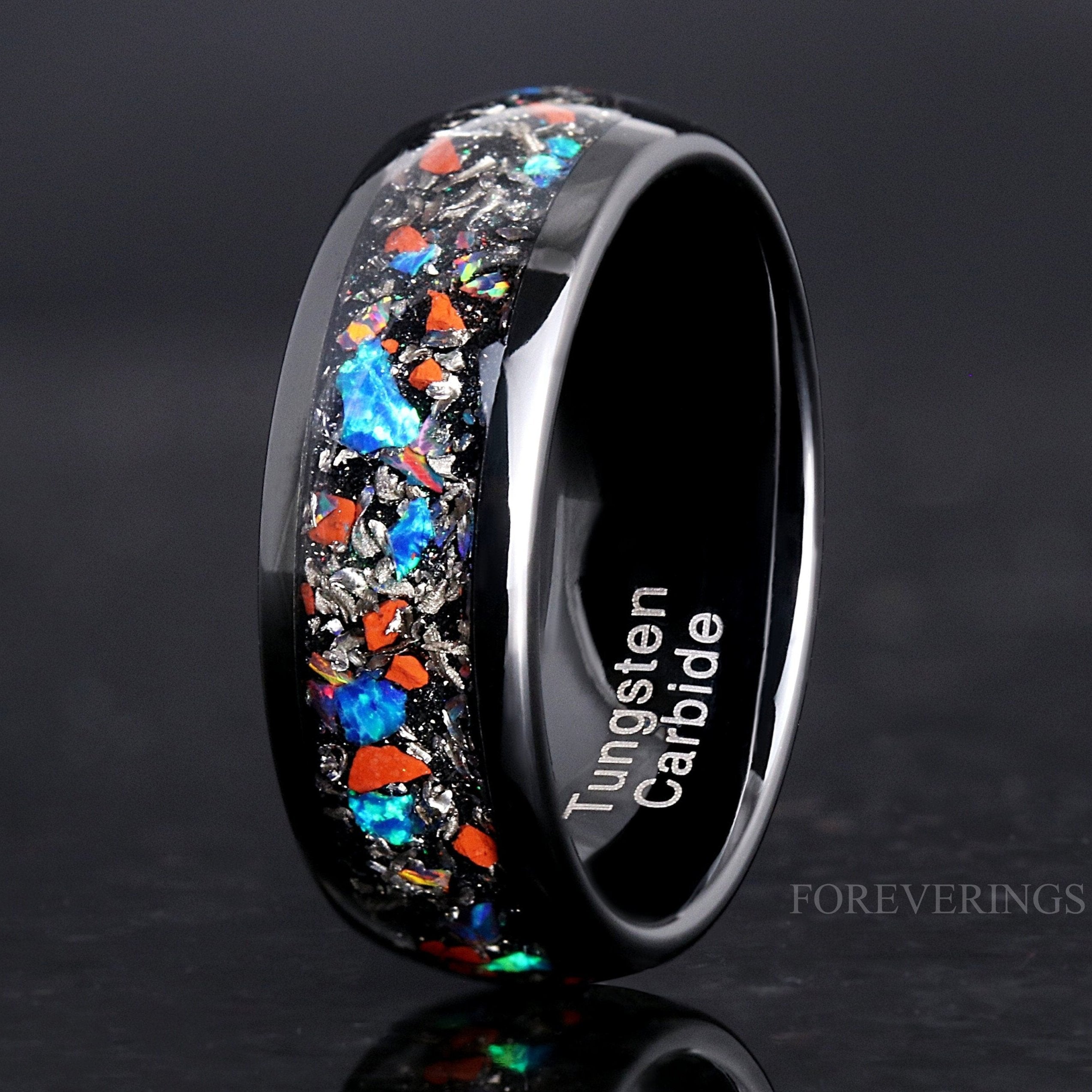 Mens Dinosaur Bone Meteorite Opal Ring, Black Polished Tungsten, 8mm Mens Wedding Band, Galaxy Opal, Unique Dinosaur Meteorite Ring for Him