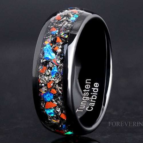 Dinosaur Bone & Meteorite Galaxy Opal Inlay | Men's Black Tungsten Ring