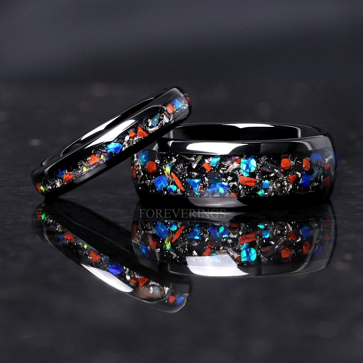 Dinosaur Bone & Meteorite Opal Inlay Ring | 4mm Black Tungsten Wedding Band