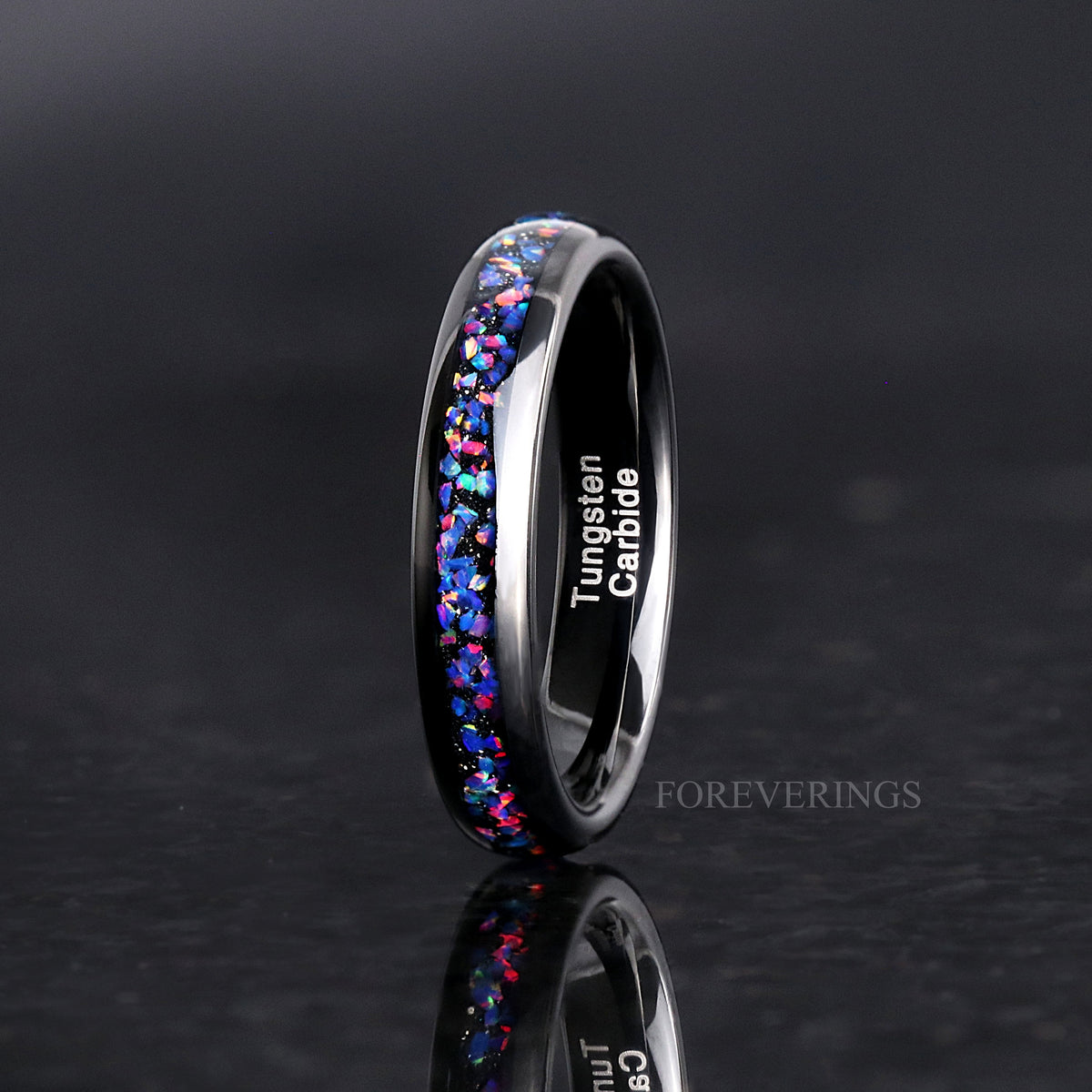 Van Gogh Opal Ring | Black Tungsten Wedding Band | 4mm