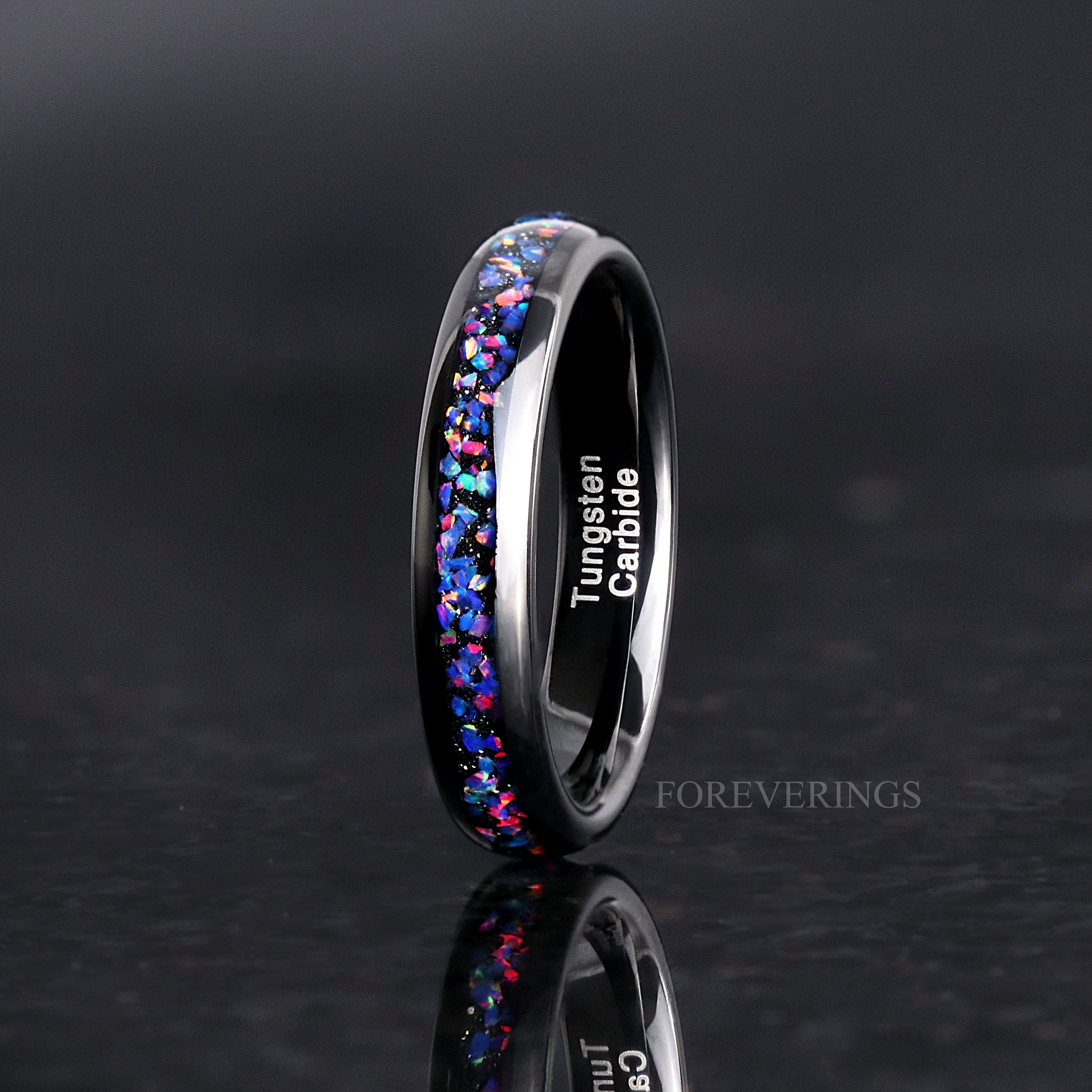 Black Starry Night Van Gogh Opal 4mm Ring, Tungsten Wedding Band, Black Opal Ring, Women Men Ring, Dome, Polished, Unique Band, Ring Engrave