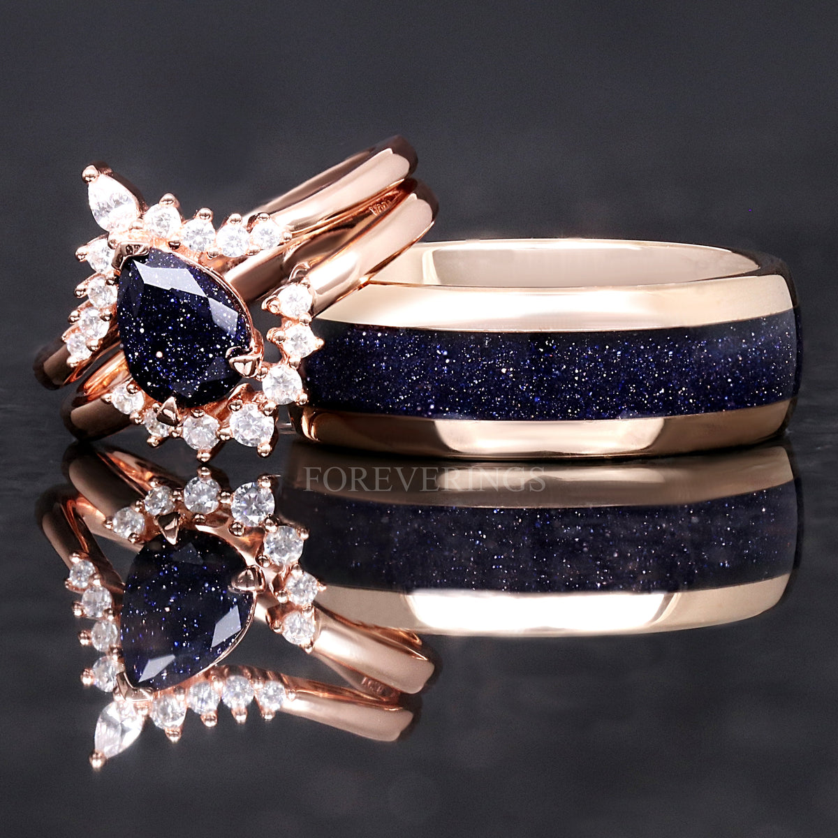 Starry Night Engagement Ring Set, Blue Sandstone Galaxy Ring, Rift Nebula Ring, Sterling Silver Rose Gold Wedding Band, Unique Women’s Ring