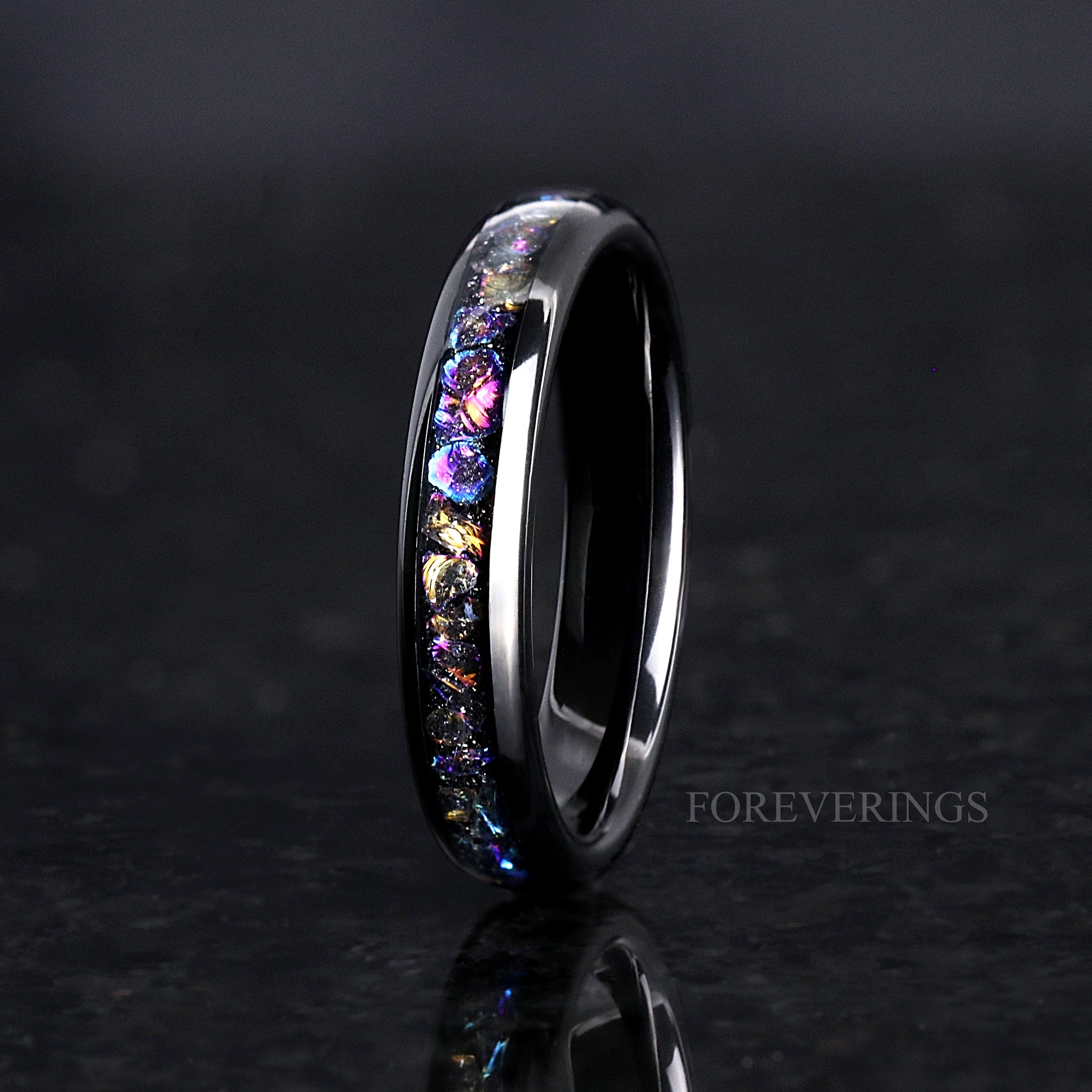 Veil Nebula Ring Set, His and Her Tungsten Wedding Band, 8mm & 4mm Black Ring, Outer Space Couples Ring Set, Polish, Dome, Comfort Fit