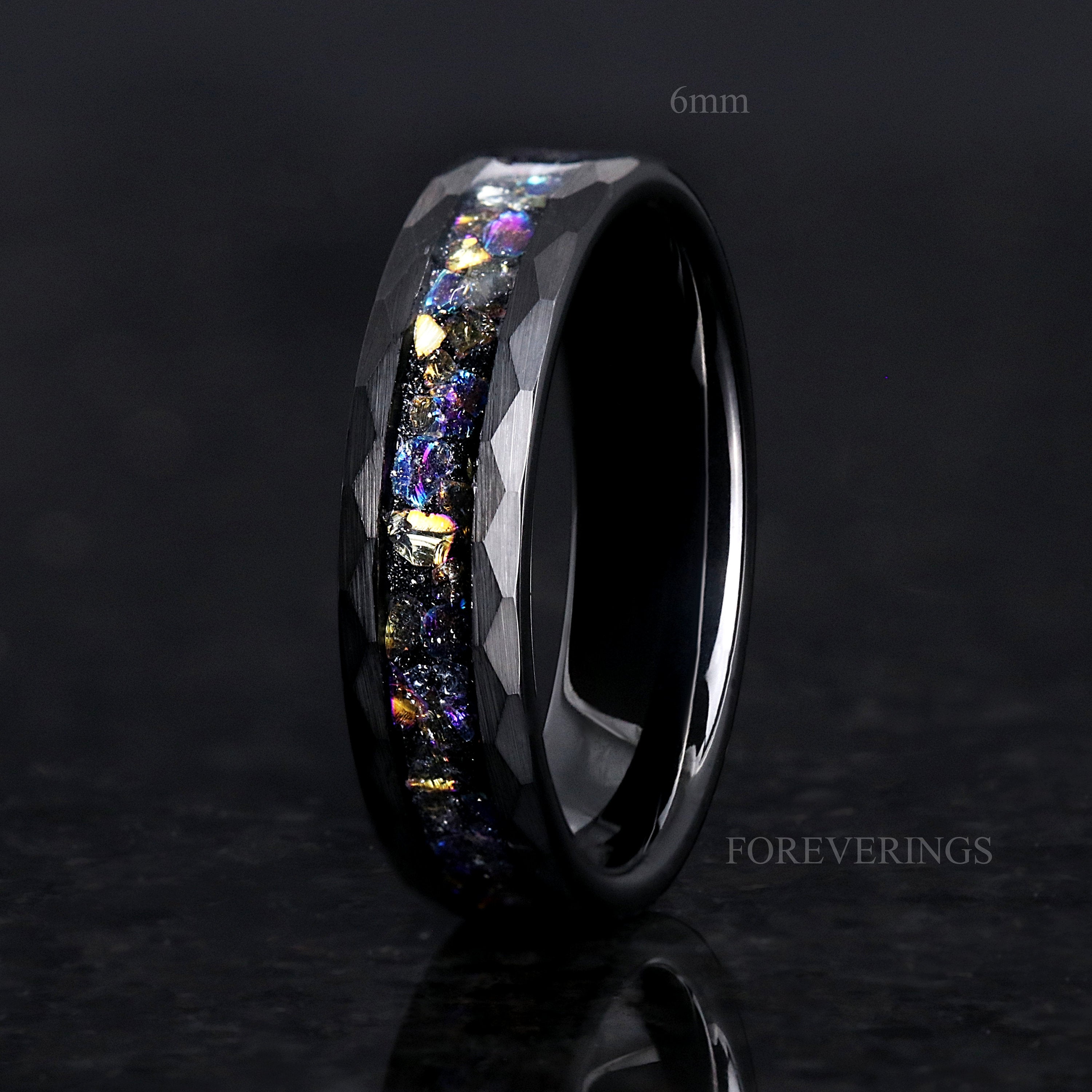 Veil Nebula Ring Black Hammered Tungsten Band, Witch's Broom, Outer Space Ring, 8mm-6mm-4mm Man Woman Wedding Band, Flat, Hammered, Brushed