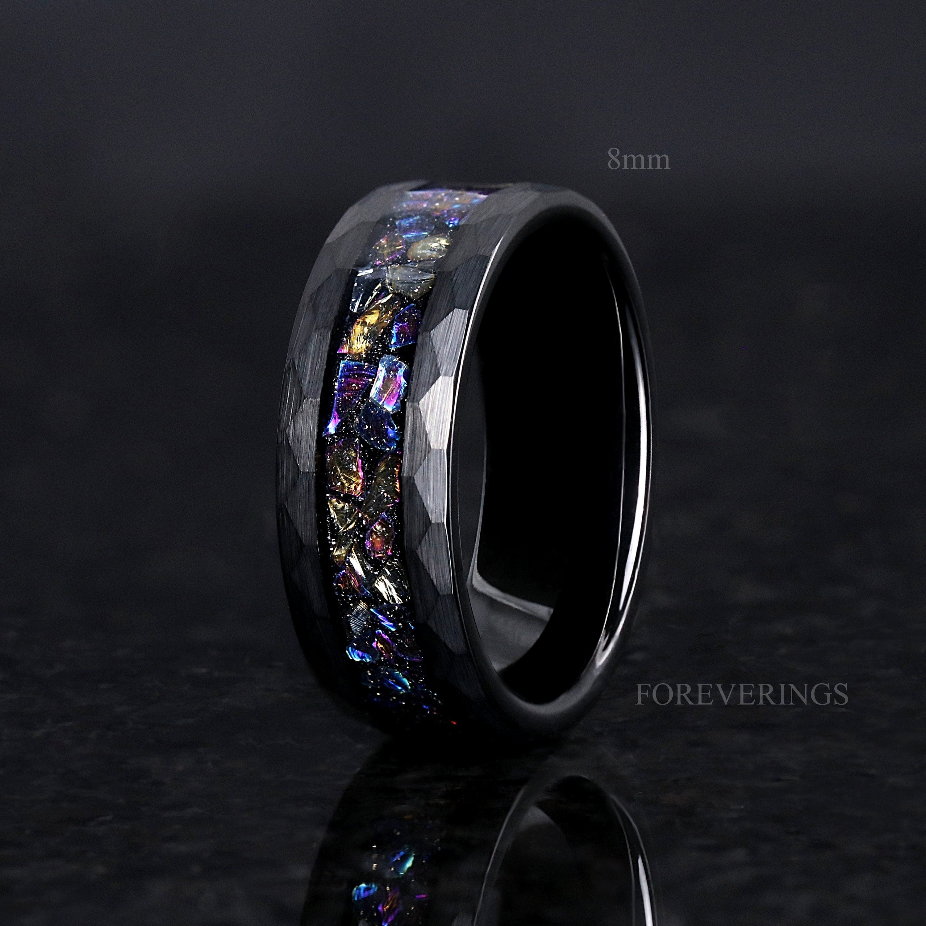 Veil Nebula Ring Set, His and Her Tungsten Wedding Band, 8mm & 4mm Black Ring, Outer Space Couples Ring, Flat, Hammered, Matte, Comfort Fit