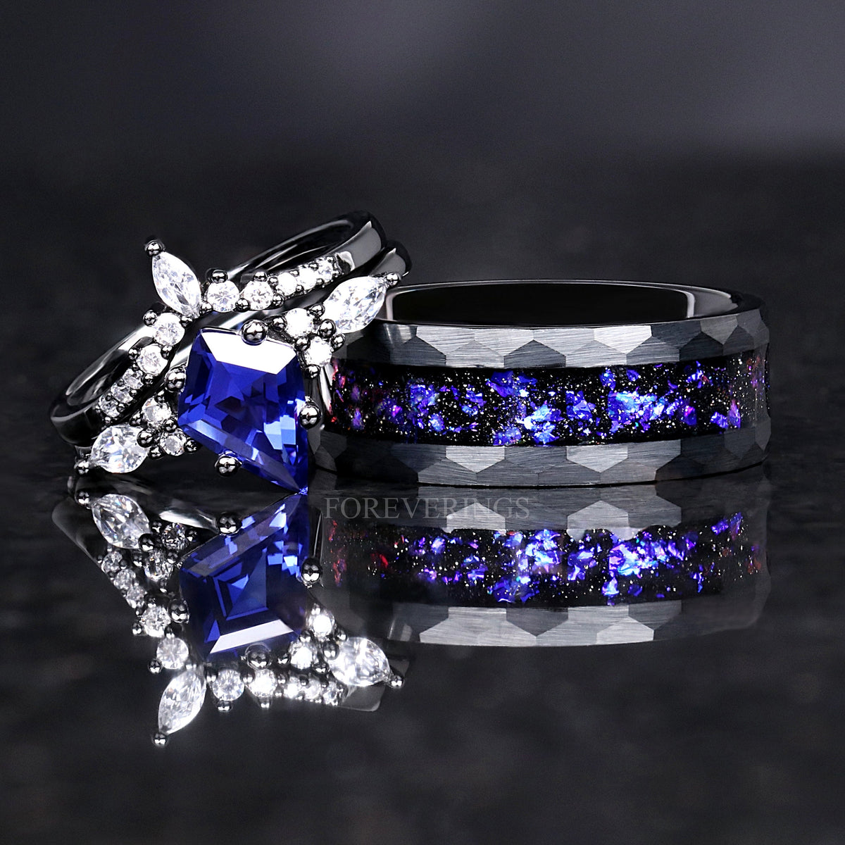 Orion Nebula Ring Set, His and Hers Wedding Band, Sapphire, Black Gold Filled Ring, Outer Space Couples Ring Set, Tungsten and 925 Silver