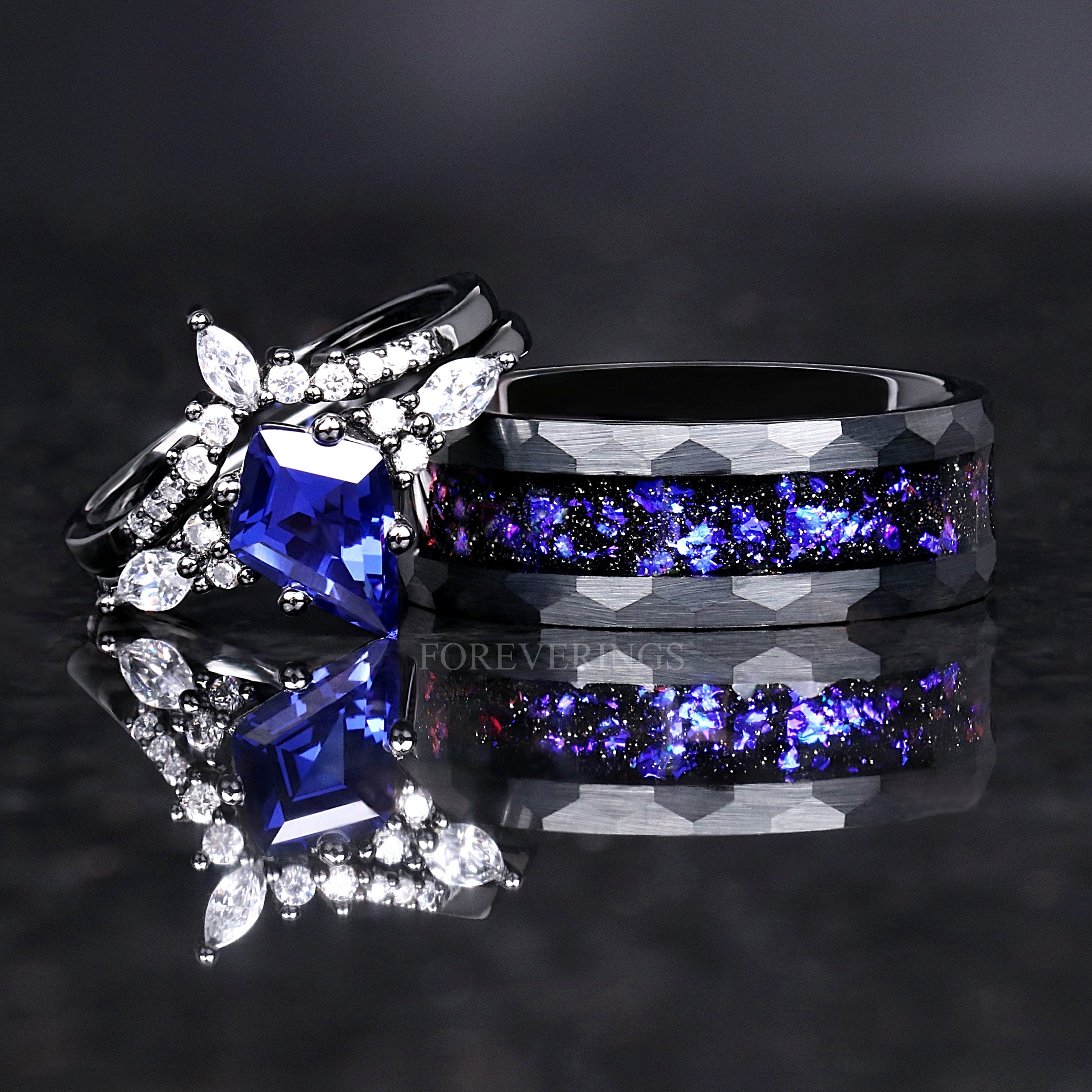 Orion Nebula Ring Set, His and Hers Wedding Band, Sapphire, Black Gold Filled Ring, Outer Space Couples Ring Set, Tungsten and 925 Silver