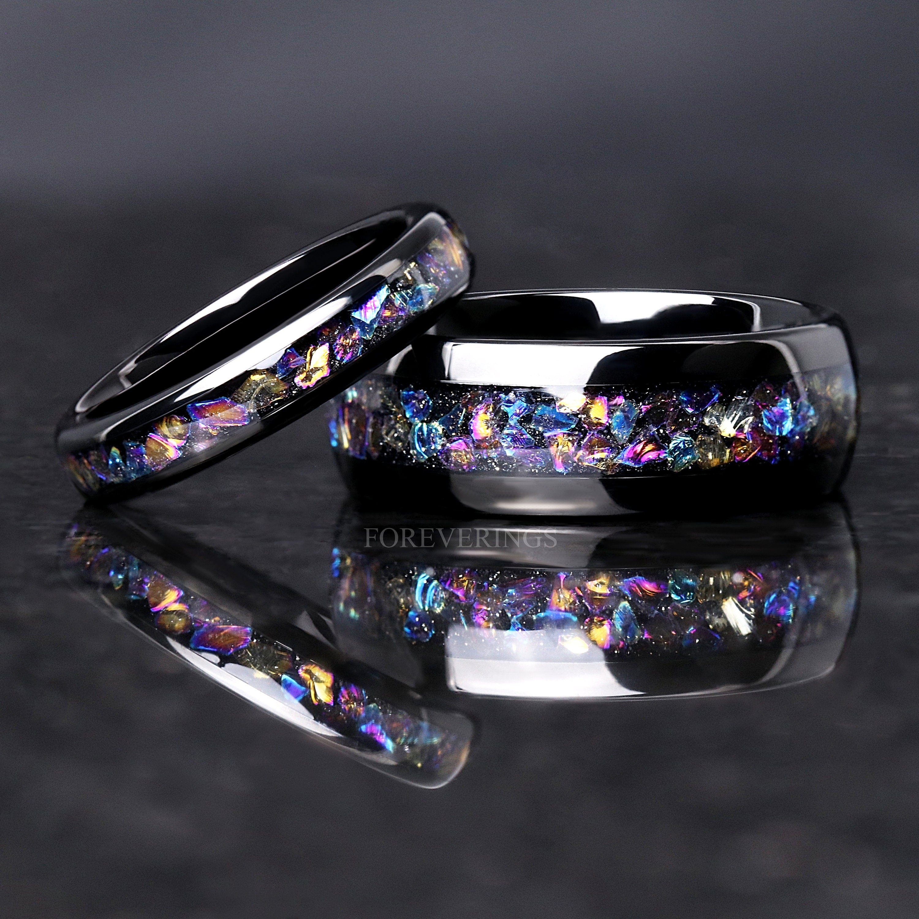 Veil Nebula Ring Set, His and Her Tungsten Wedding Band, 8mm & 4mm Black Ring, Outer Space Couples Ring Set, Polish, Dome, Comfort Fit