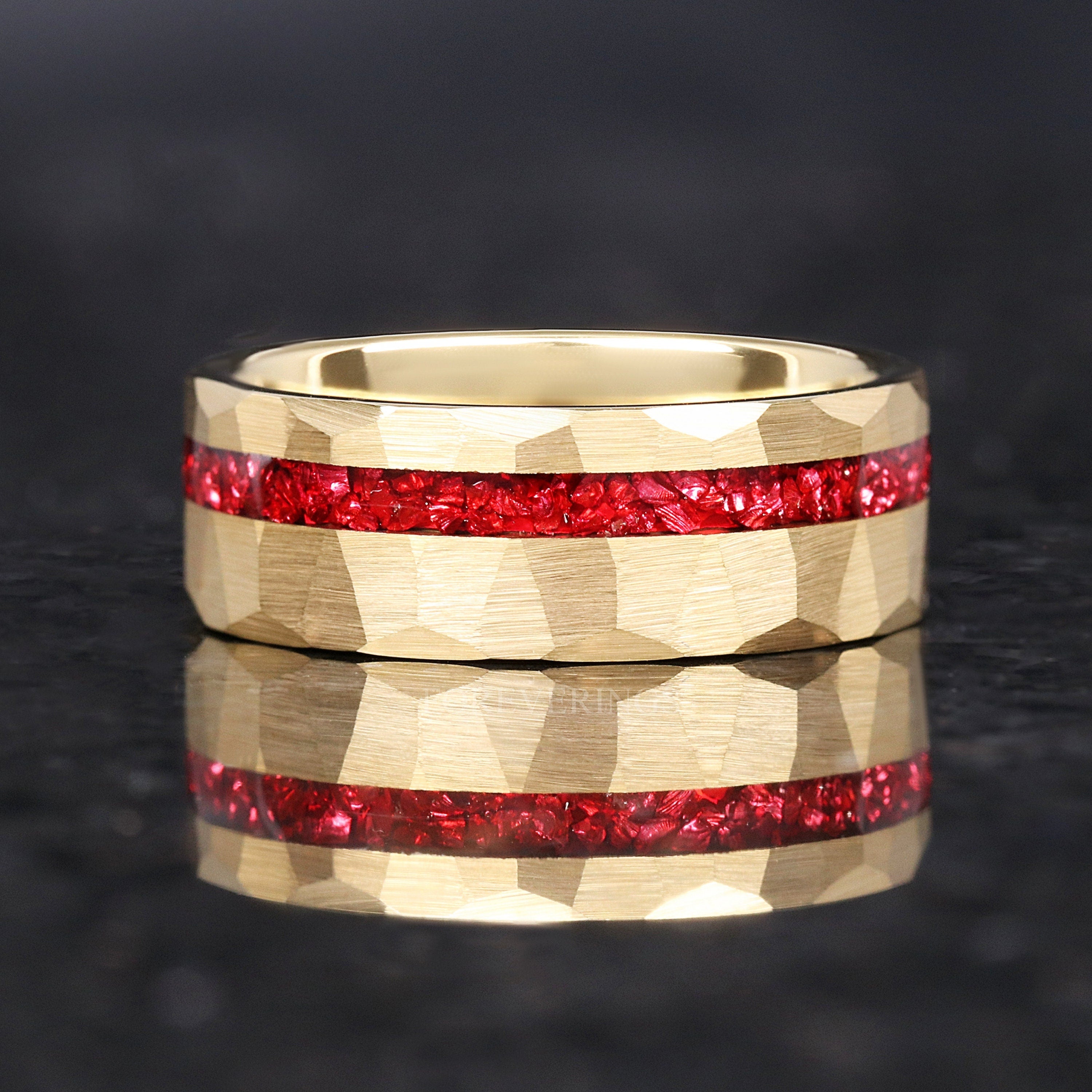 Hammered Gold Ruby Ring, Men Wedding Band, Offset Crush Red German Glass Stones, Brushed Gold Tungsten Ring, Personalized Gift, Promise Ring