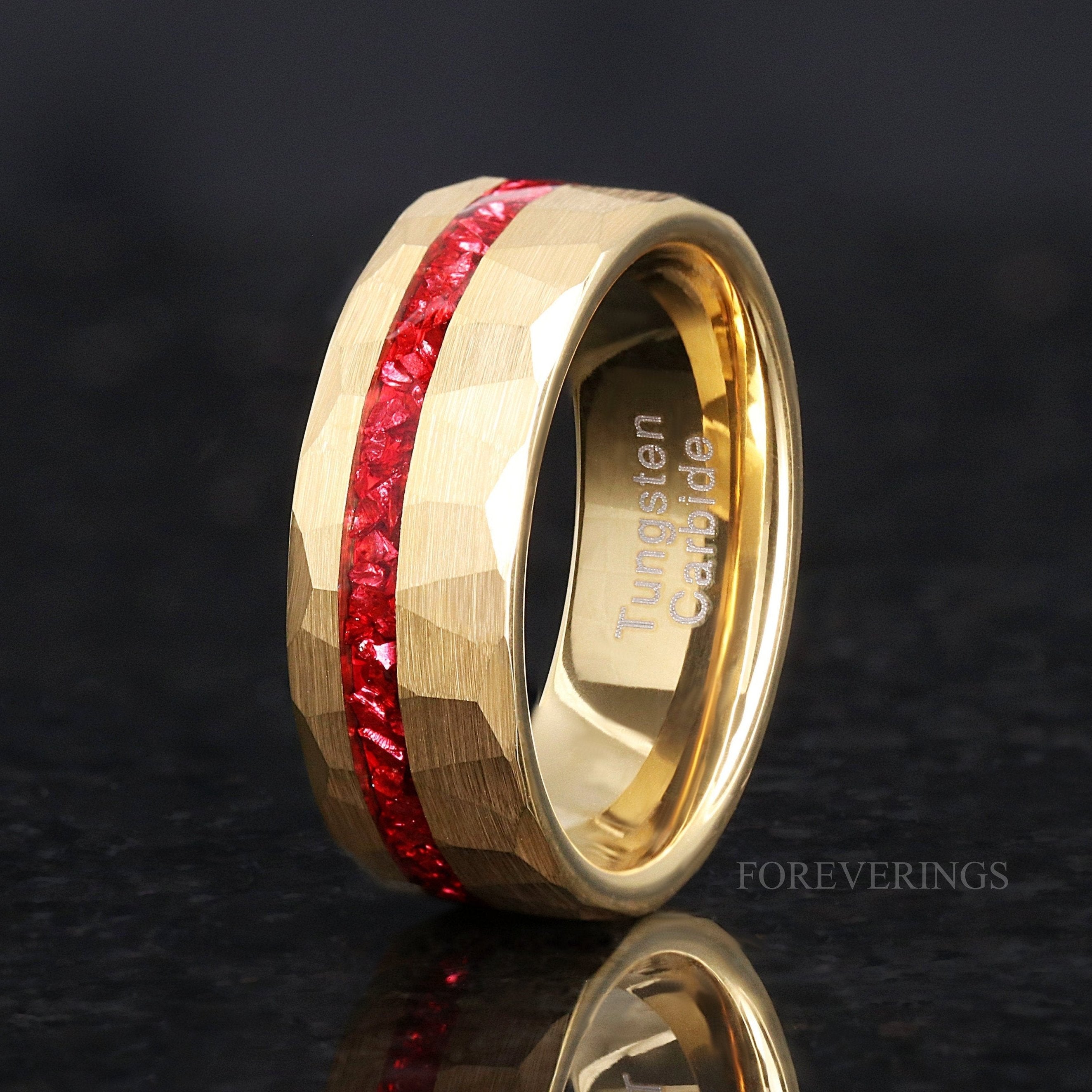 Hammered Gold Ruby Ring, Men Wedding Band, Offset Crush Red German Glass Stones, Brushed Gold Tungsten Ring, Personalized Gift, Promise Ring