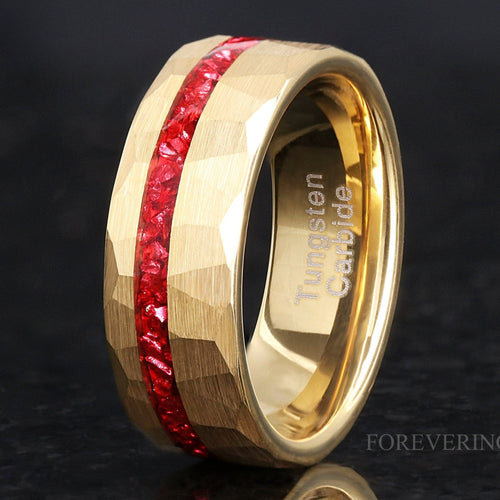Men's 8mm hammered gold tungsten wedding band with offset crushed ruby inlay