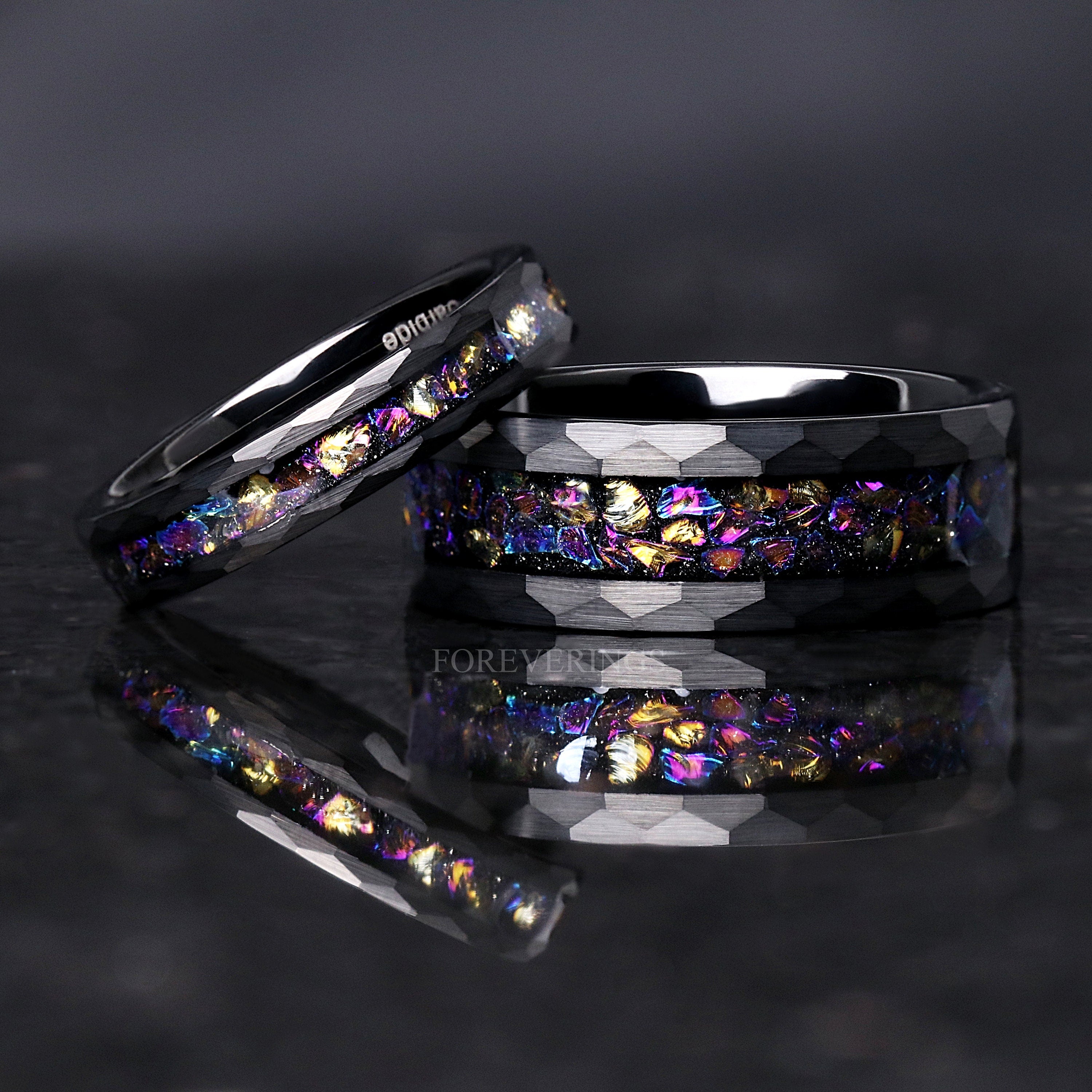 Veil Nebula Ring Set, His and Her Tungsten Wedding Band, 8mm & 4mm Black Ring, Outer Space Couples Ring, Flat, Hammered, Matte, Comfort Fit