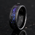 Men's hammered black tungsten band with blue nebula sandstone inlay, labeled 8mm, interior visible