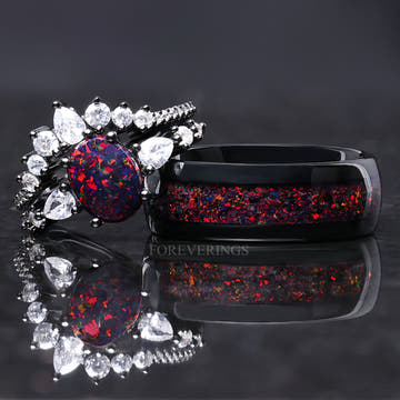 Matching black couples ring set: oval black fire opal bridal rings and 8mm tungsten band with fire opal inlay
