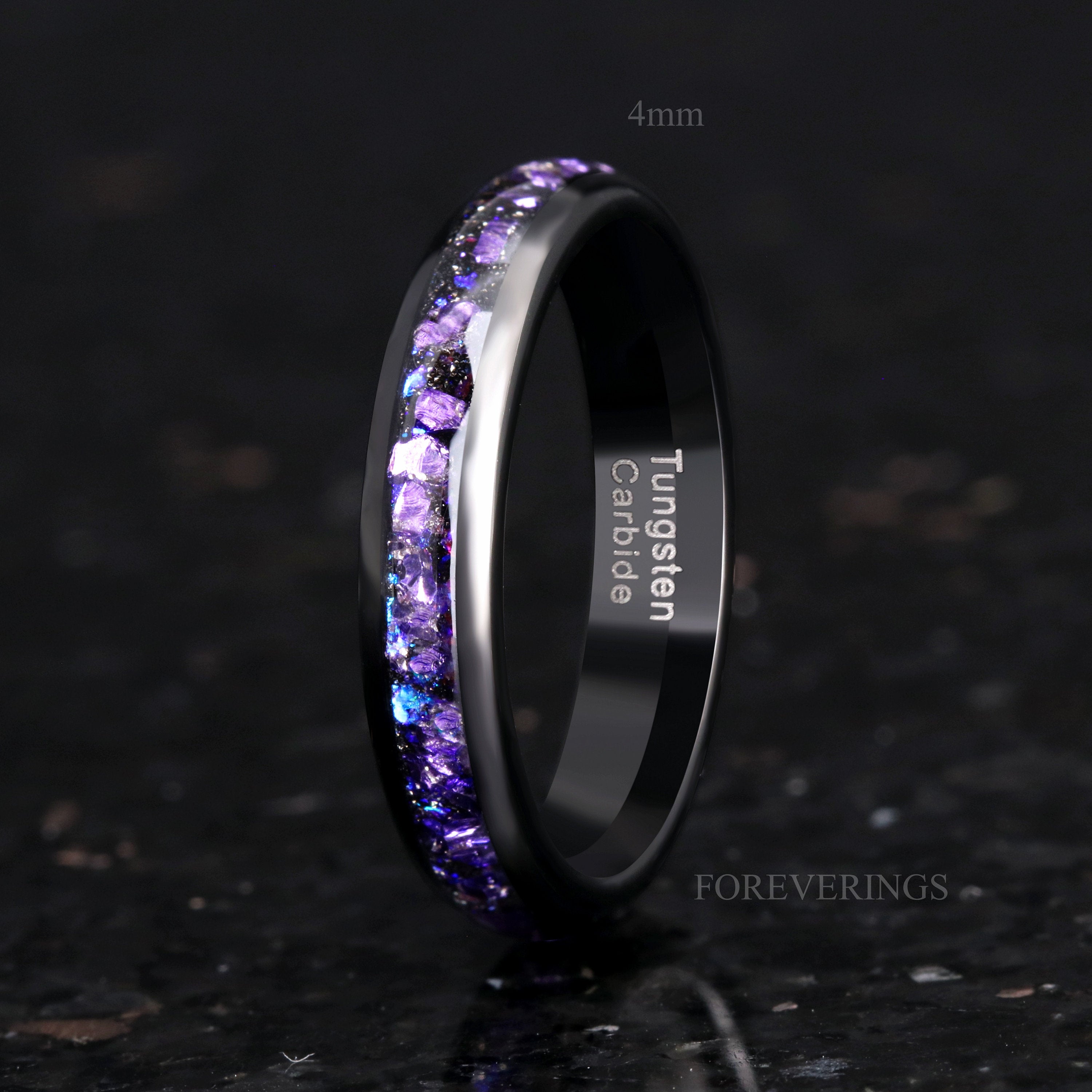 Crab Nebula Ring, Alexandrite Wedding Band, Black Tungsten, 8mm-6mm-4mm Outer Space Ring, Black, Dome, Polish, Unique Purple Ring, Engraving