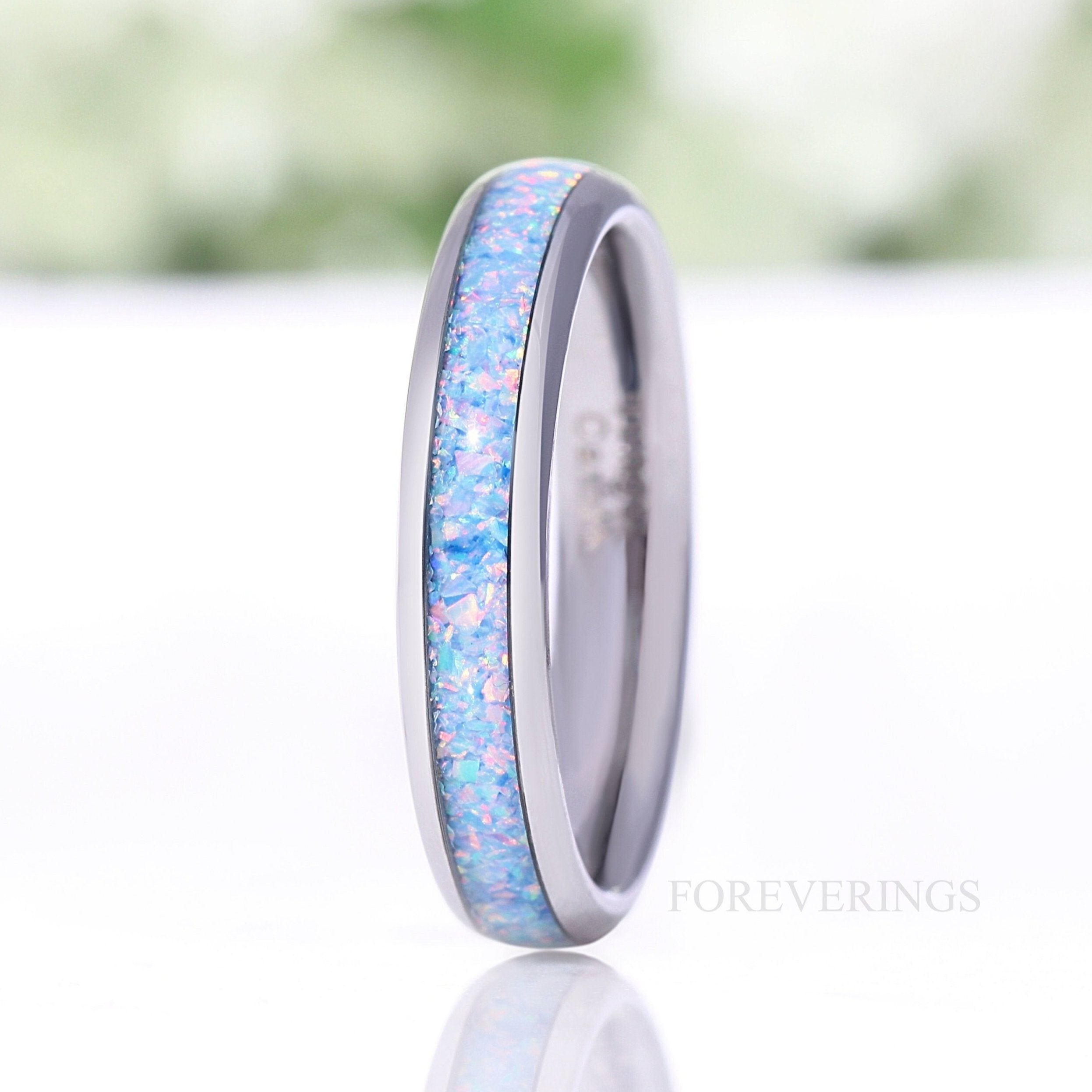 Rainbow Opal Ring, 4mm Silver Tungsten Wedding Band, No Plating, Polish, Dome, Comfort Fit, Unique Ring, Men Women Ring, October Birthstone