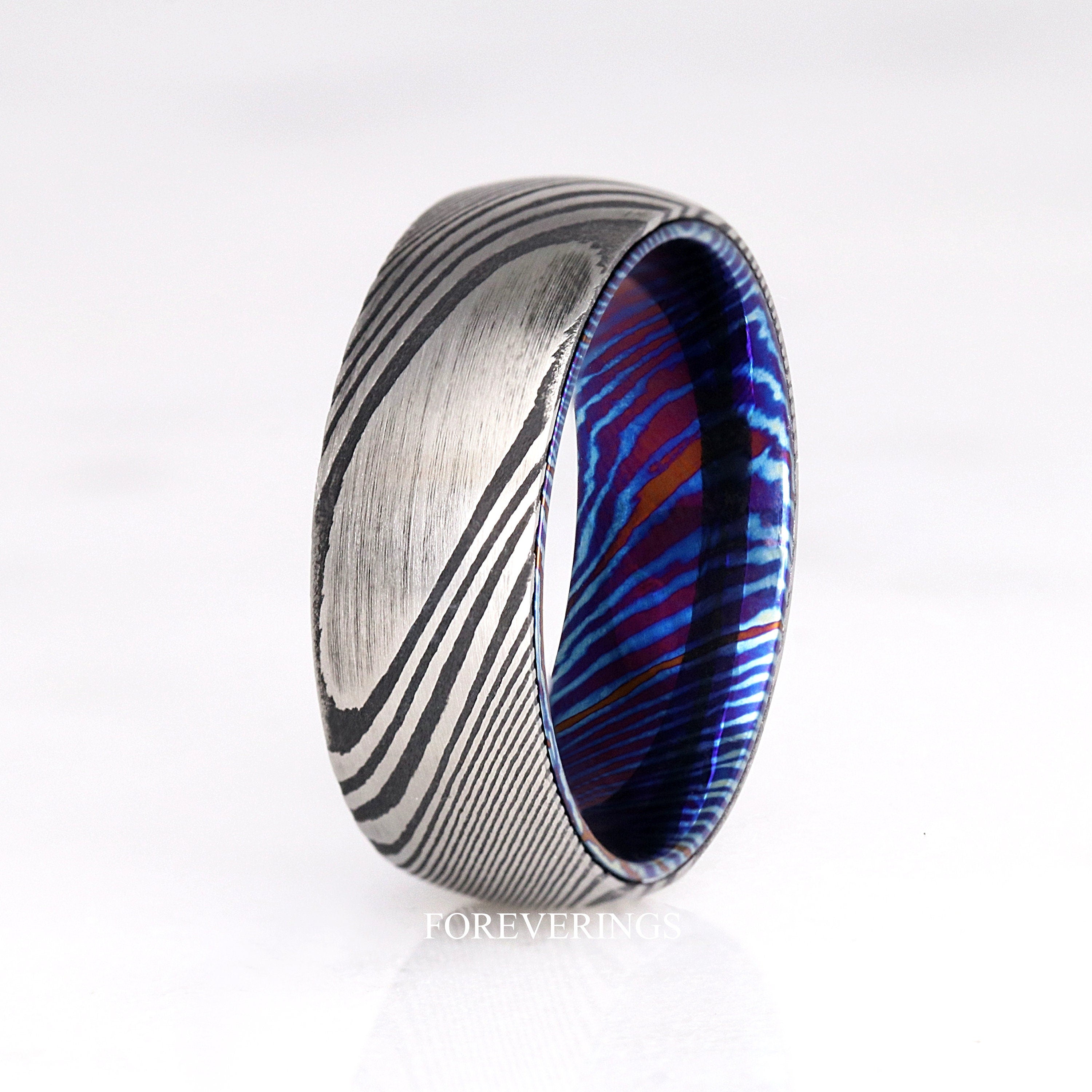 Damascus Steel Band, Man Wedding Ring, Timascus, 8mm Unique Ring for Him, Man Engagement Ring, Birthday-Anniversary Gift for Him, Engrave