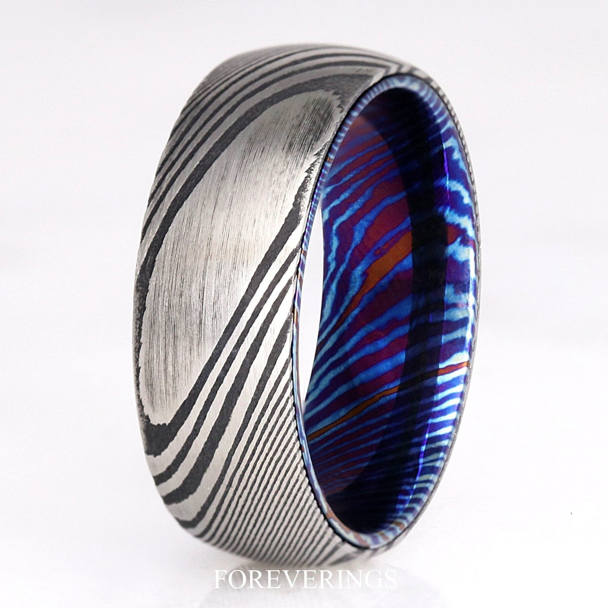 Damascus Steel Band, Man Wedding Ring, Timascus, 8mm Unique Ring for Him, Man Engagement Ring, Birthday-Anniversary Gift for Him, Engrave
