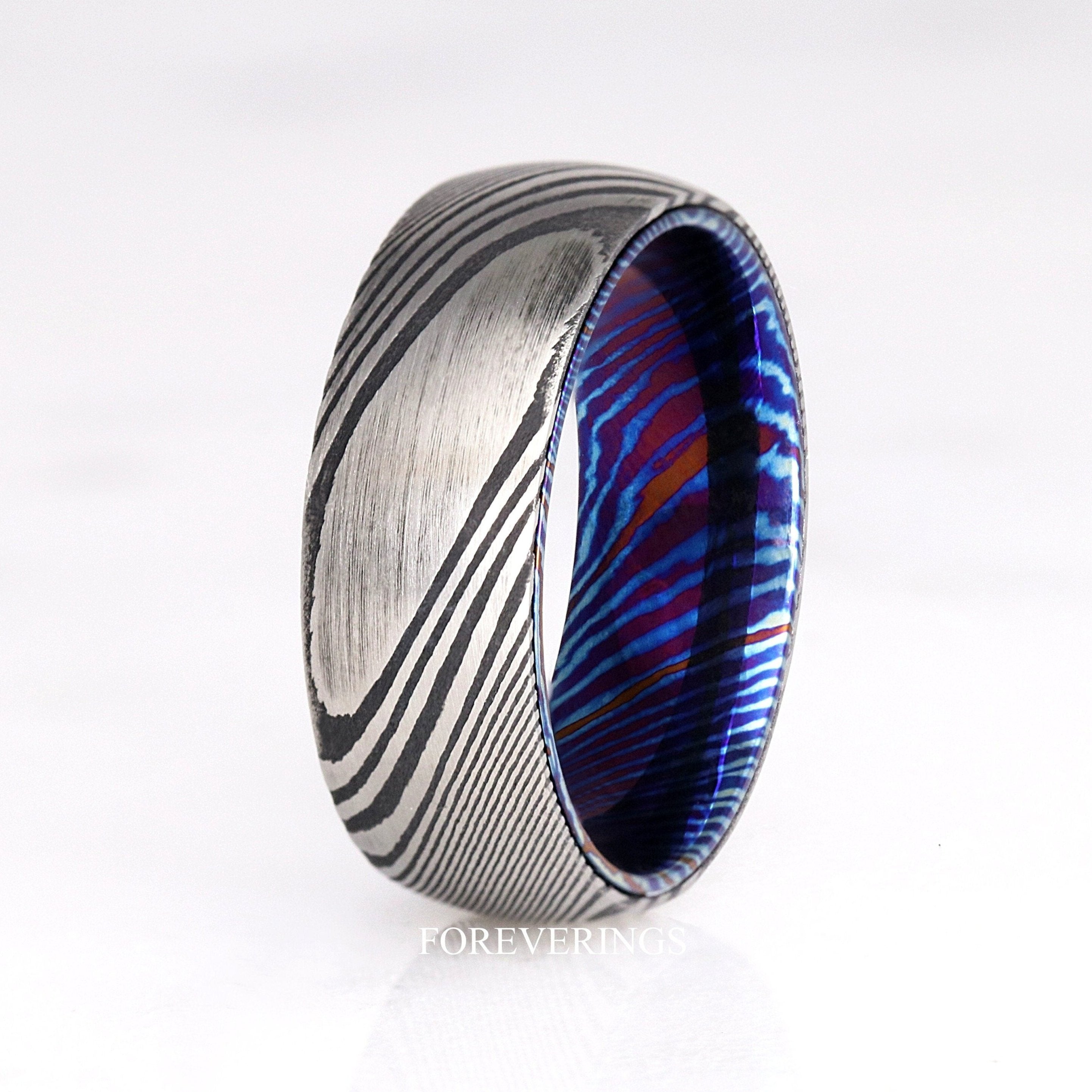 Damascus Steel Band, Man Wedding Ring, Timascus, 8mm Unique Ring for Him, Man Engagement Ring, Birthday-Anniversary Gift for Him, Engrave