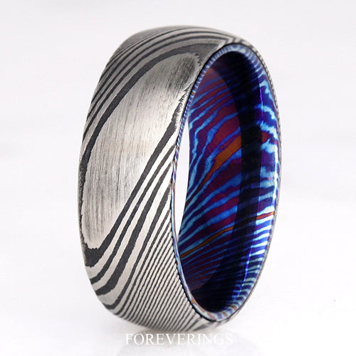 Damascus Steel Band, Man Wedding Ring, Timascus, 8mm Unique Ring for Him, Man Engagement Ring, Birthday-Anniversary Gift for Him, Engrave
